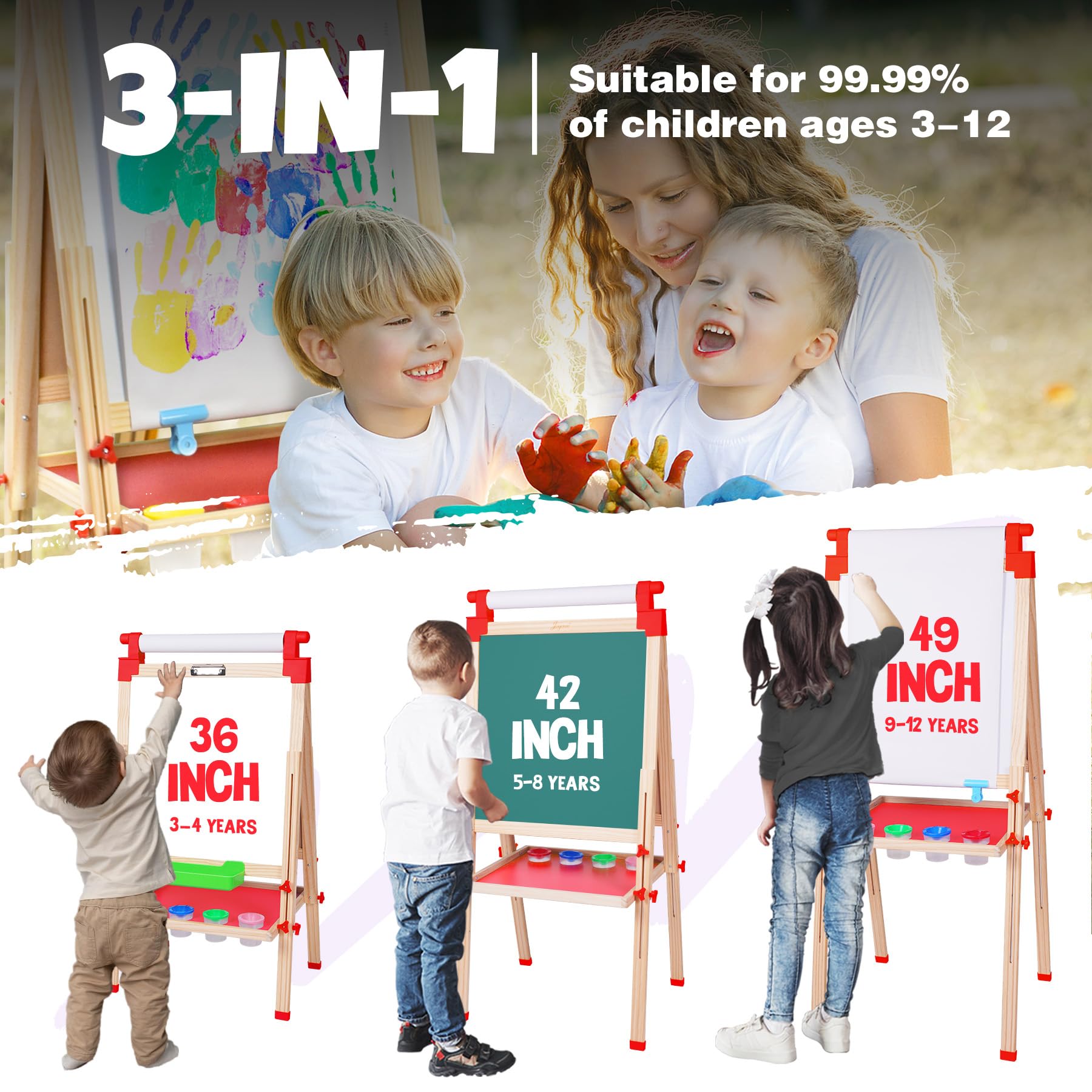 Kids Wooden Easel with Paper Roll - Adjustable Magnetic Double Sided