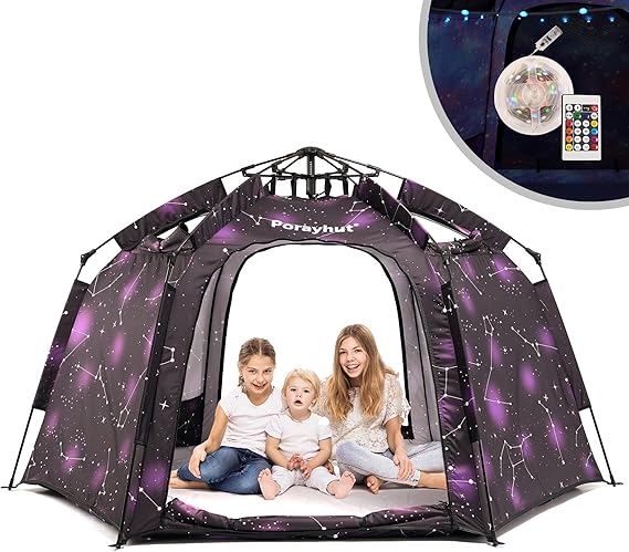 Hexagon Kids Play Tent with LED Strip Lights Indoor Children Play House Easy