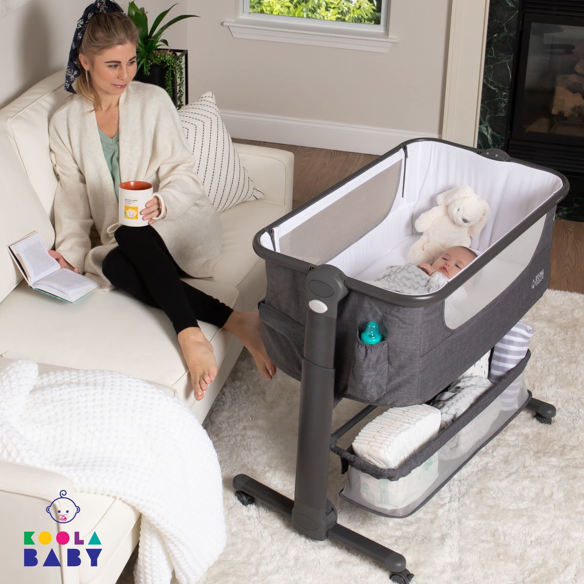 Bedside Baby Bassinet with Adjustable Height and Storage