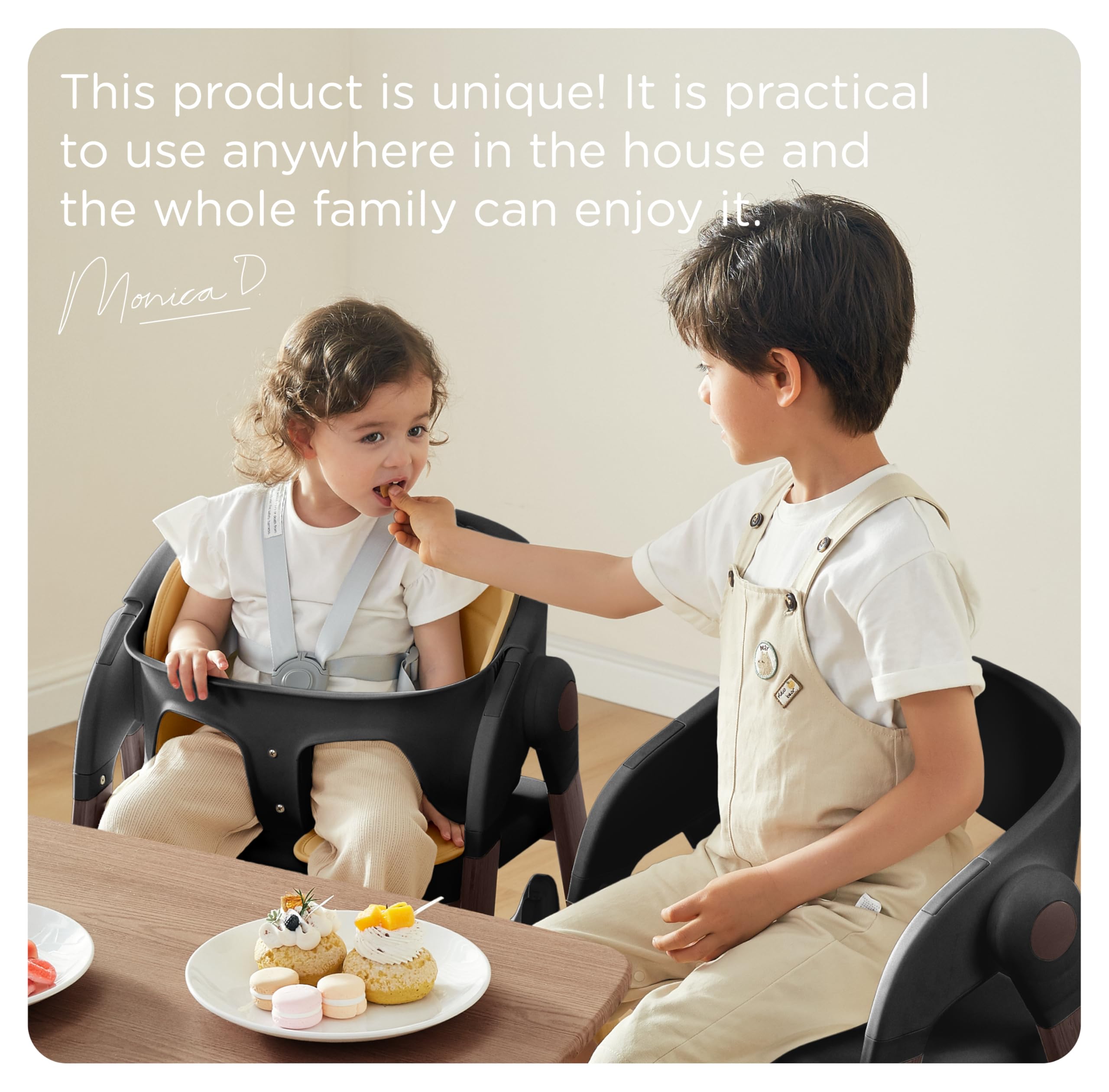 Adjustable Foldable High Chair with Wood-Printed Metal Frame and Removable Tray