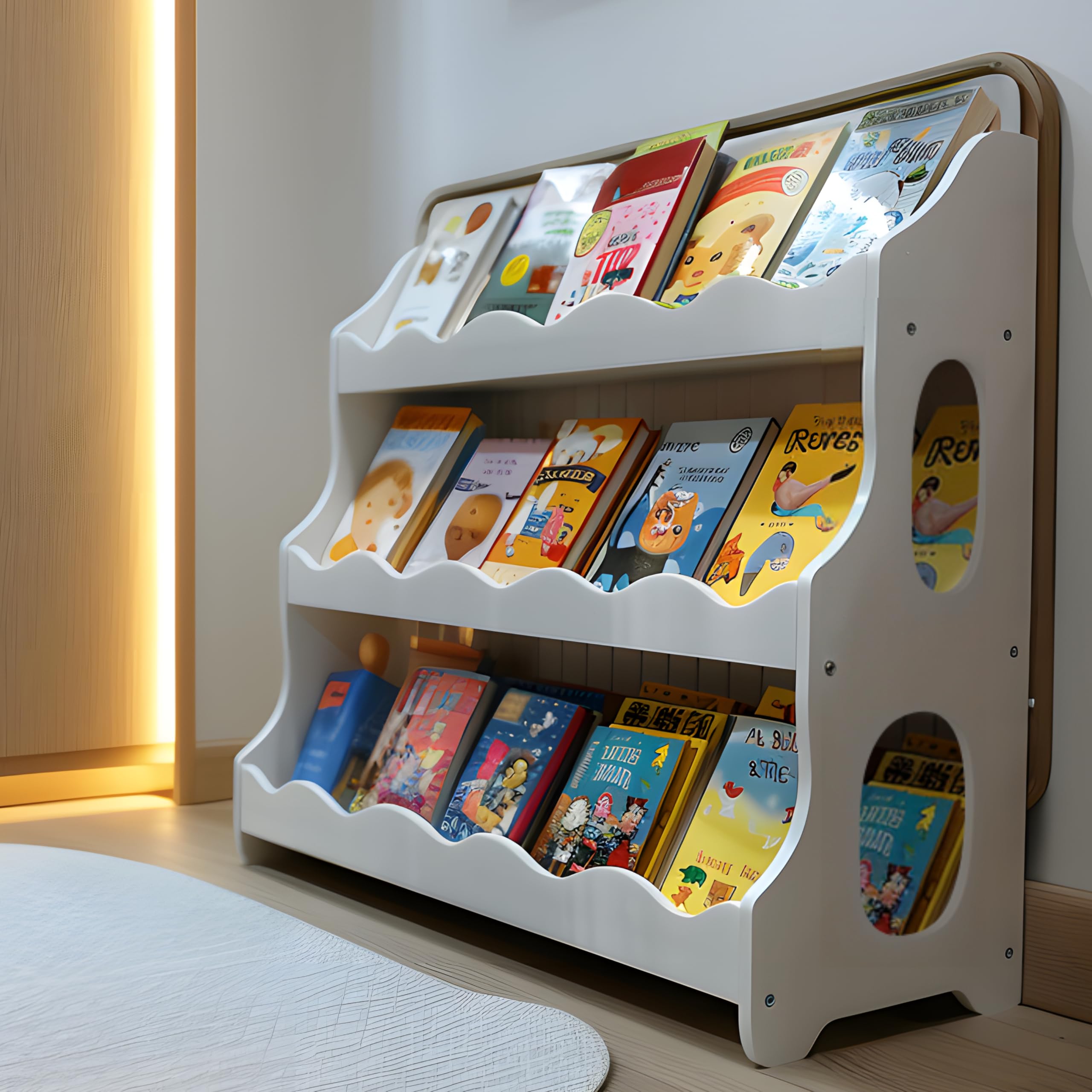 Wooden Montessori Bookshelf 3-Tier Scalloped Kids Book Organizer