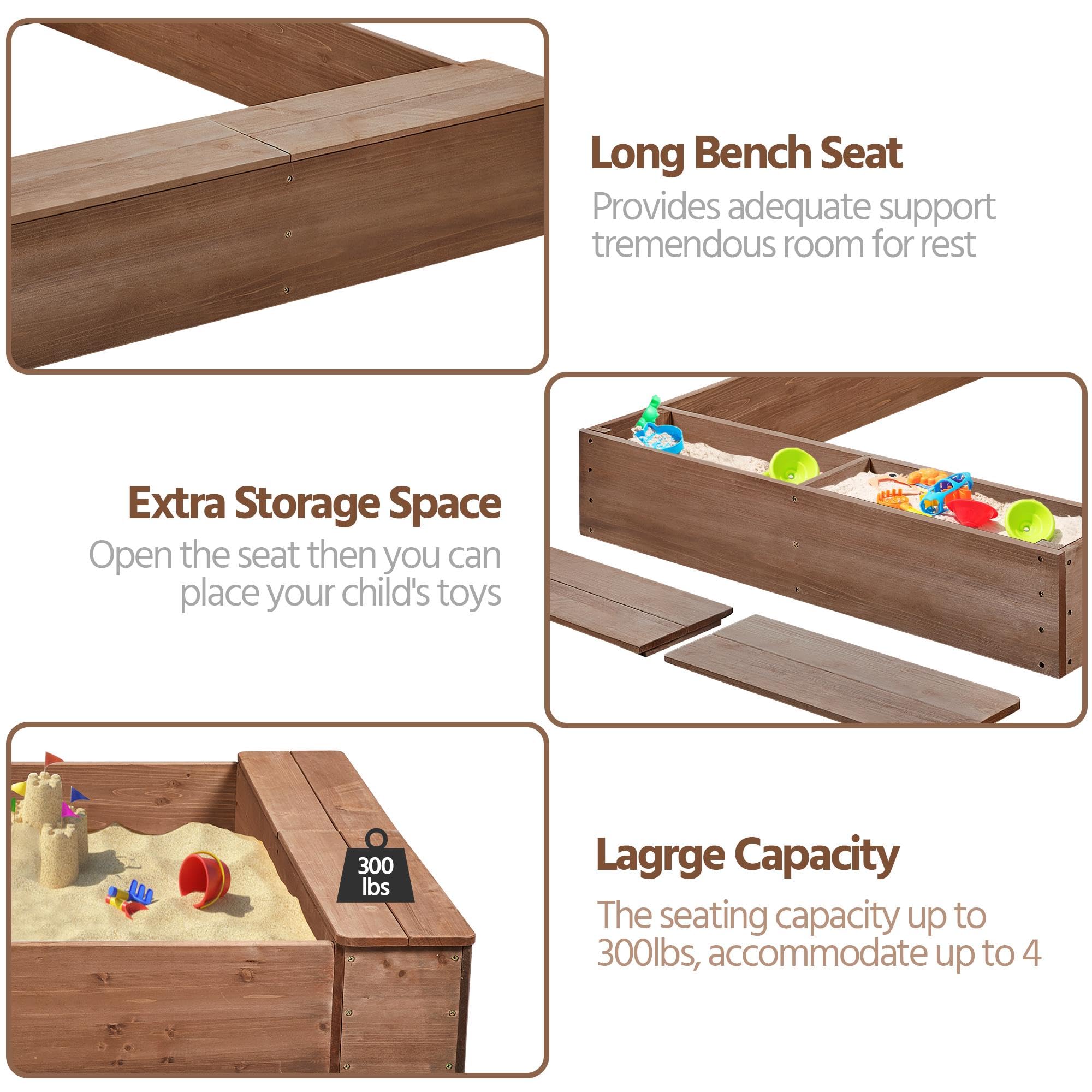 Wooden Sandbox with Storage Bench for Kids