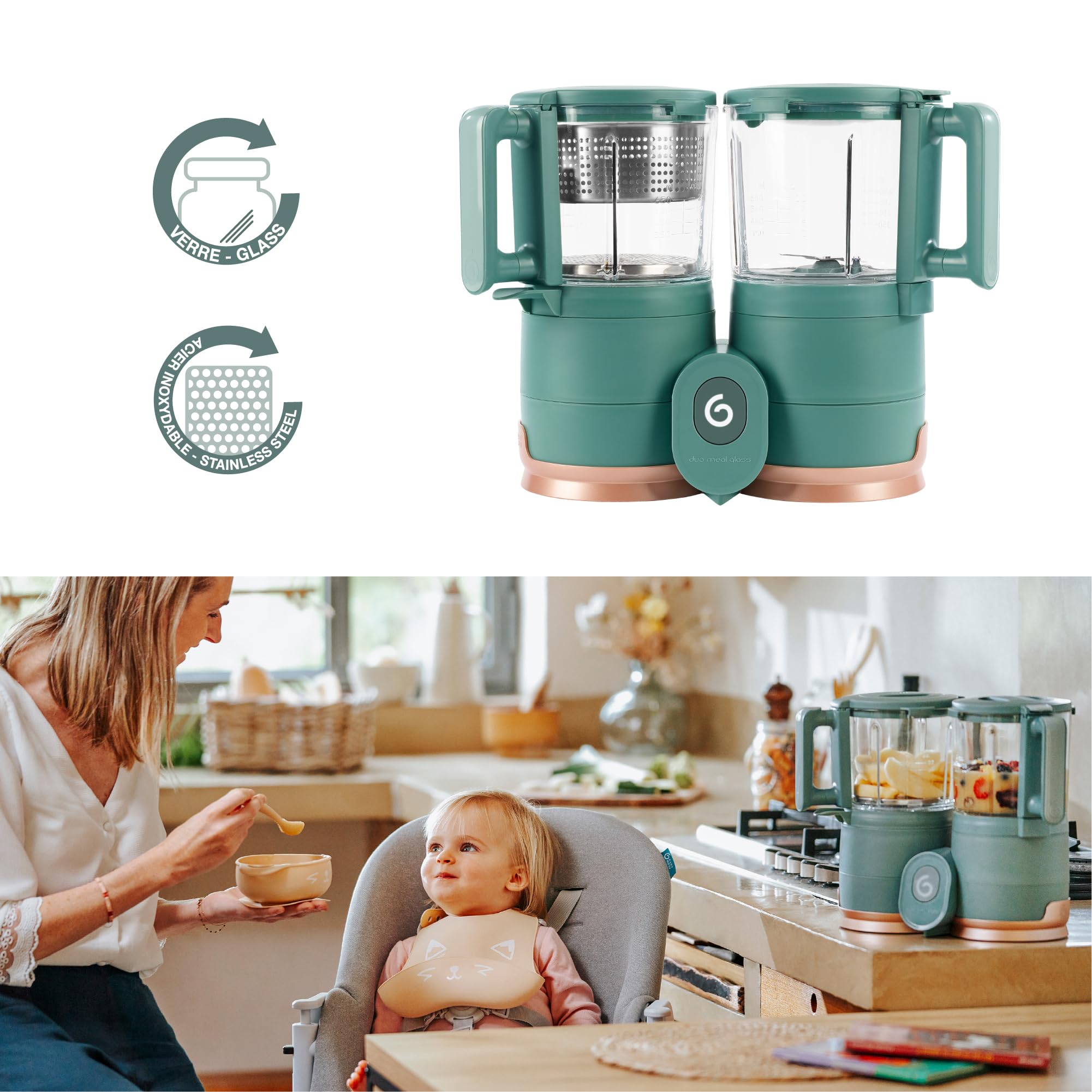 Babymoov Duo Meal Glass Exclusive Bundle - Eco-Friendly Baby Food Maker with Non-Toxic Glass Steamer & Blender, Stainless Steel Basket, XL Capacity (Set of 4 Glass Containers Included)