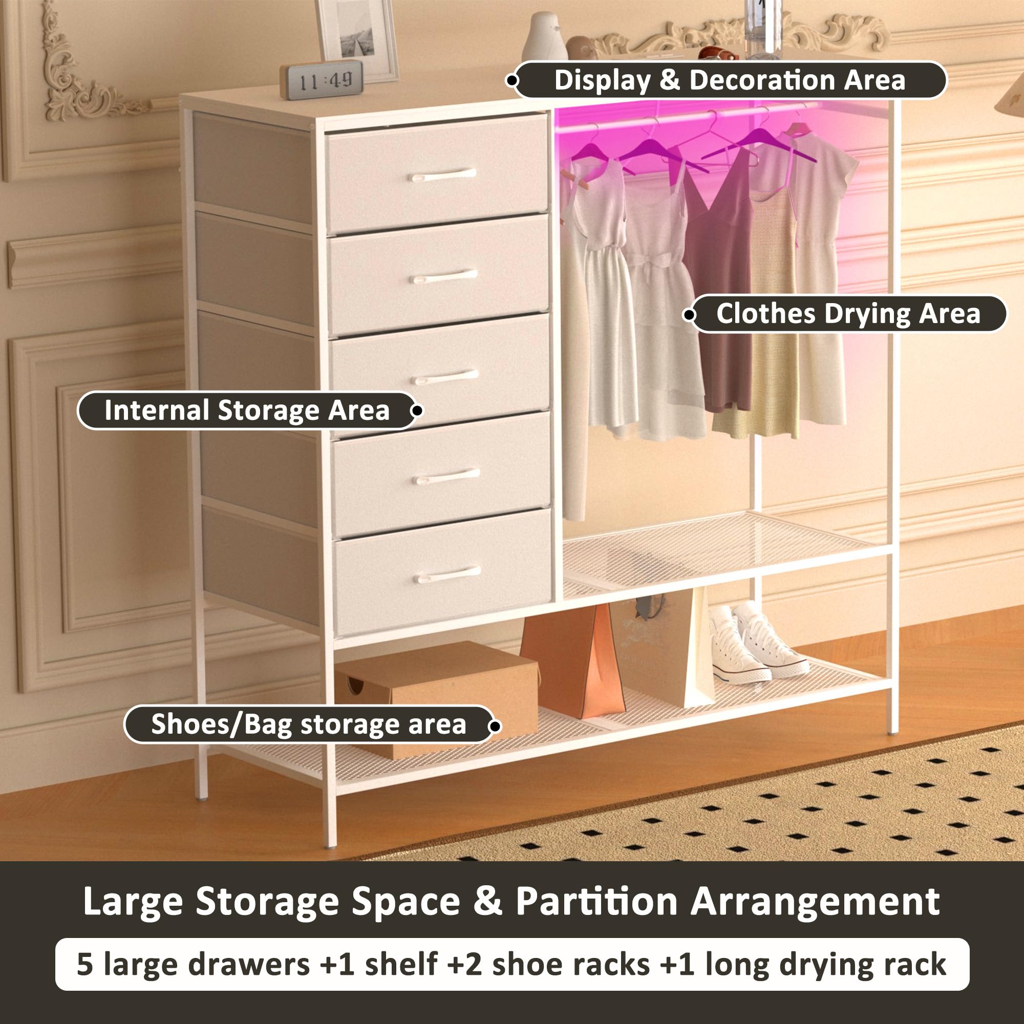 Fabric Dresser with Hanging Rack and LED Lights