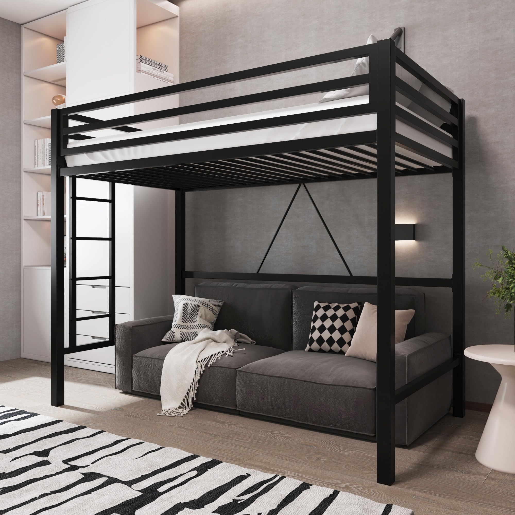 Metal Loft Bed Twin Size with Guardrail and Ladder