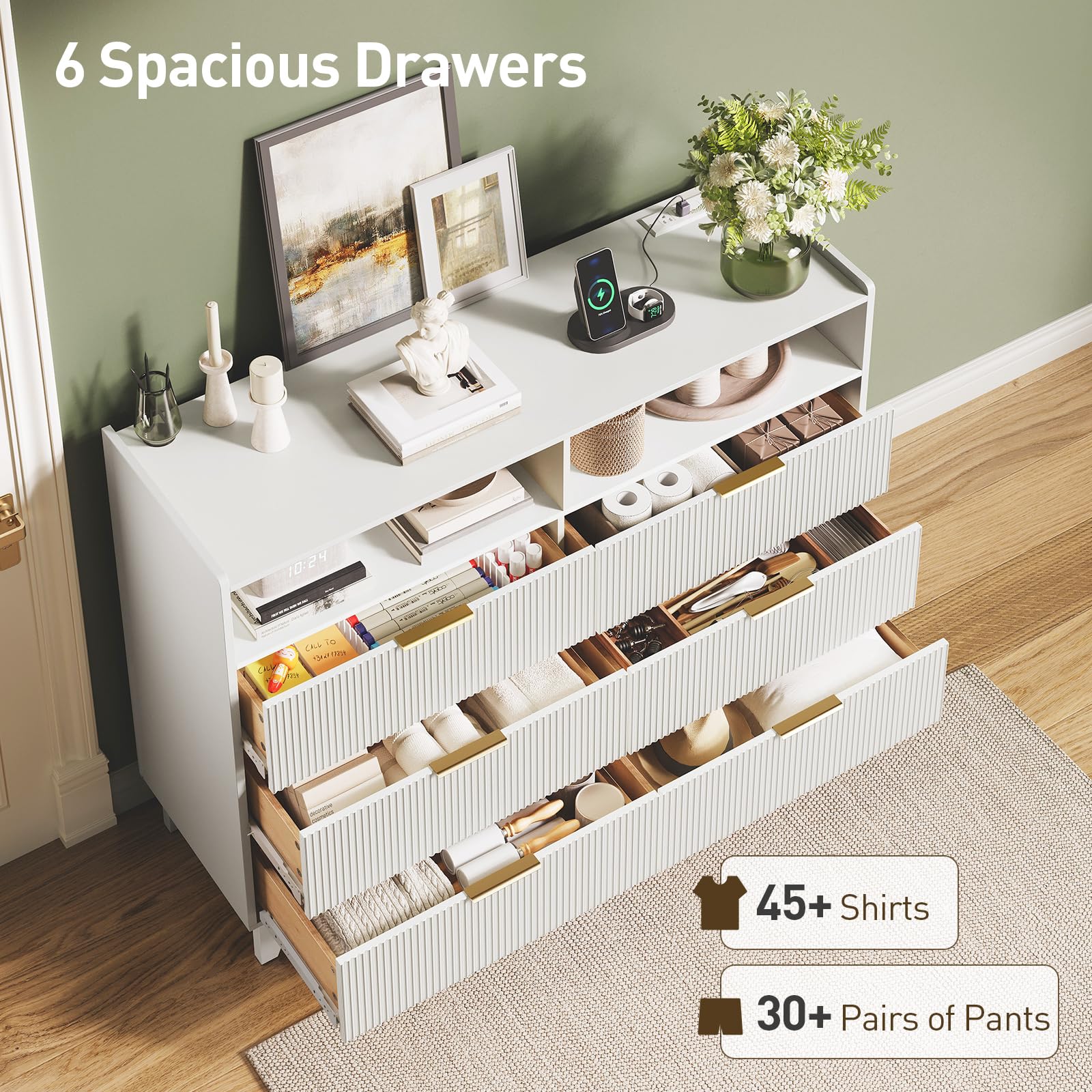 Fluted 6-Drawer Dresser with Charging Station