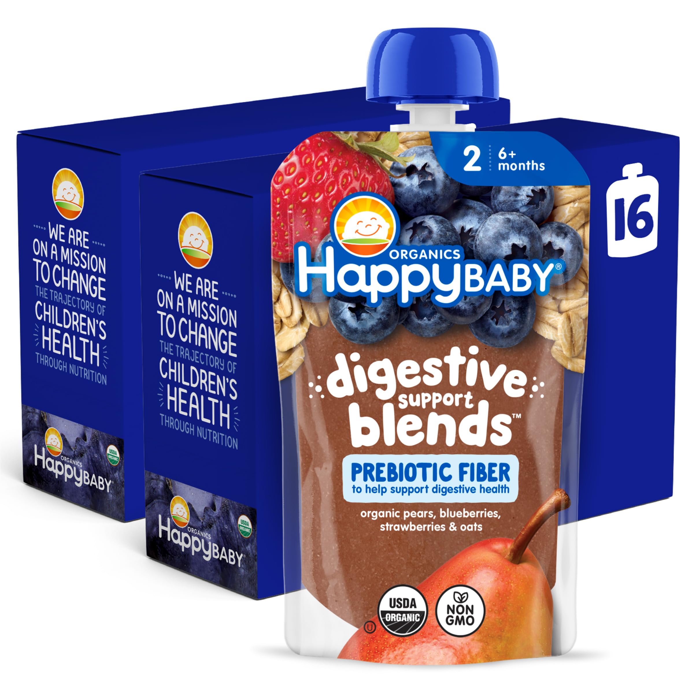 Digestive Support Blends, Organic Stage 2 Baby Food with Prebiotic Fiber, Pear, Blueberries, Strawberries & Oats, 4 Ounce Pouch (Pack of 16)