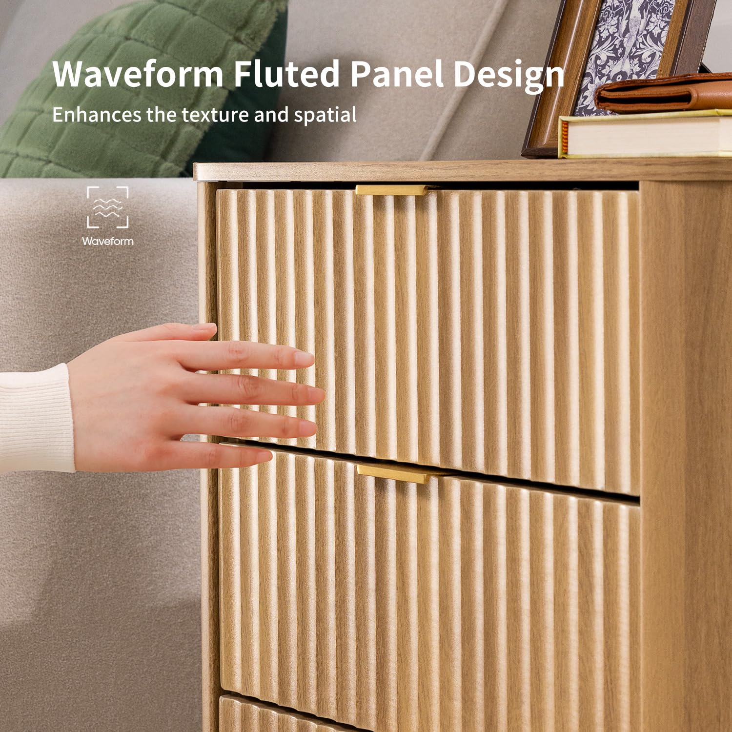 Fluted Nightstand with Charging Station and 3 Drawers