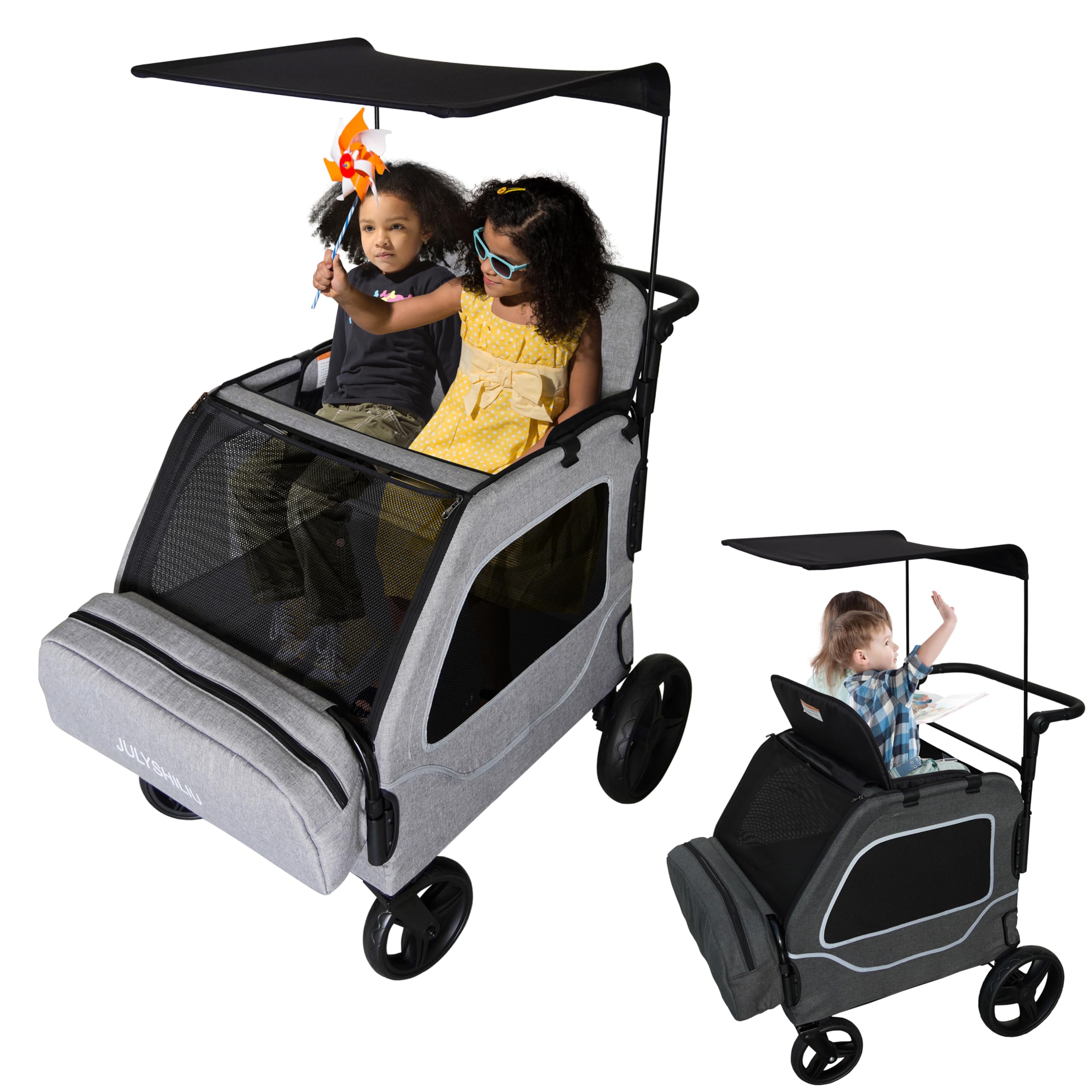Foldable Fun Car-Shaped Wagon Stroller for 2 Kids All-Terrain Push Cart, XL Cargo Space