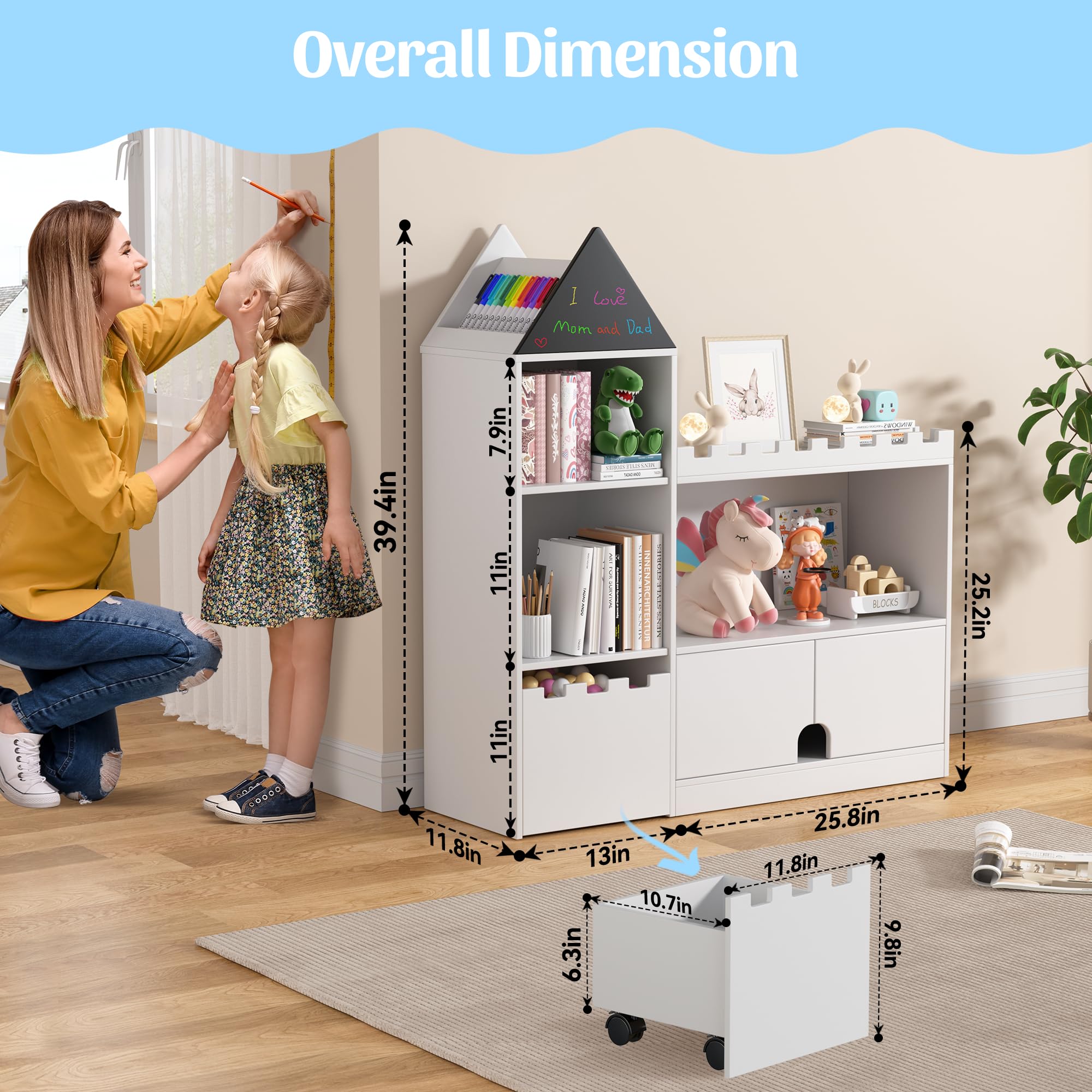 Castle Bookshelf Toy Storage Organizer with 6 Cubbies and Drawers