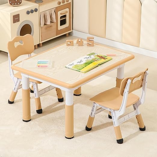 Toddler Table and 2 Chairs, Height-Adjustable Kids Table and Chairs Set