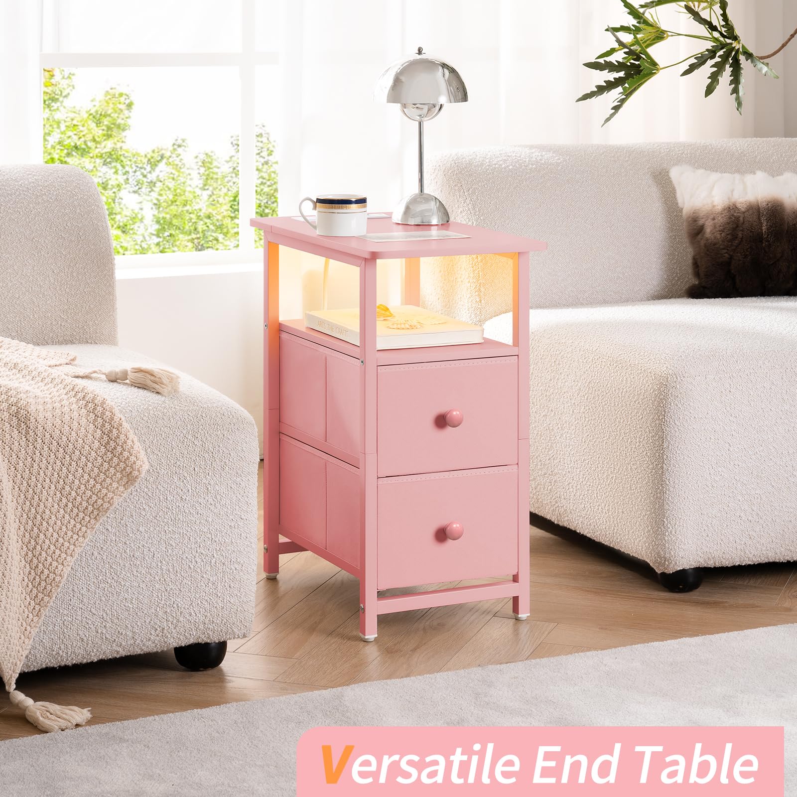 LED Nightstand with Charging Station and Fabric Drawers