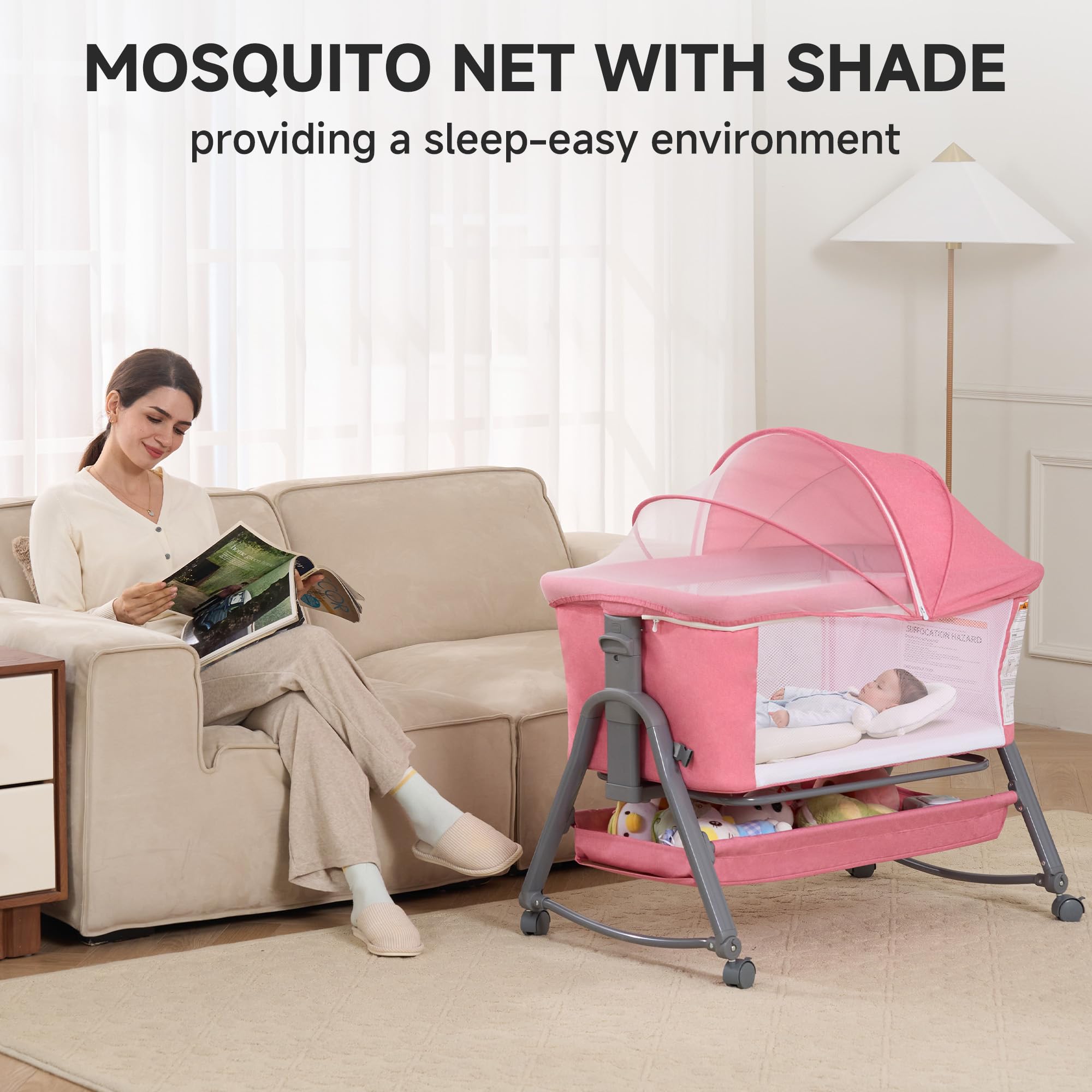 3-in-1 Bedside Bassinet with Adjustable Height and Mosquito Net