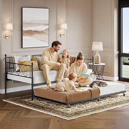 Twin Metal Daybed with Trundle, Premium Steel Slat Support
