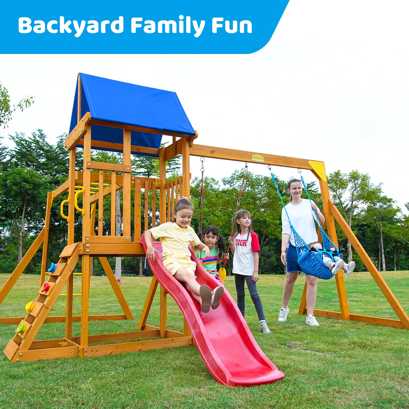 Wooden Playground Set with Monkey Bars and Swings for Kids Ages 3-6