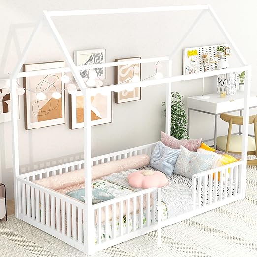 Full Floor Bed with Door, Fence and Roof, Heavy Duty Metal Montessori Bed Full Size