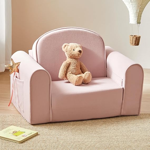 2-in-1 Foldable Kids Couch with Pockets – Soft Thick Toddler Sofa
