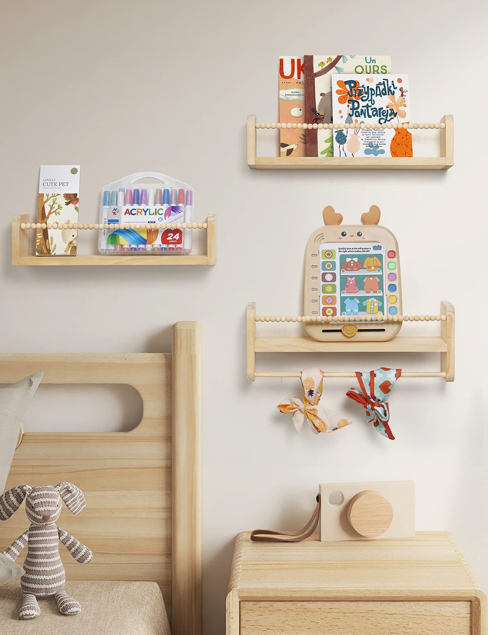 Nursery Floating Shelves for Wall, Set of 3 Book Shelves Natural