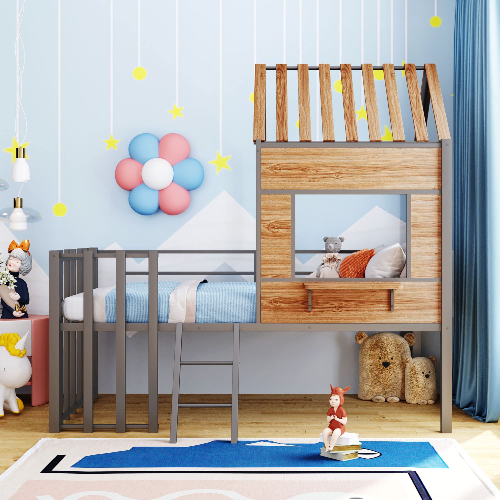 Metal House Loft Bed Twin Size with Guardrail and Ladder