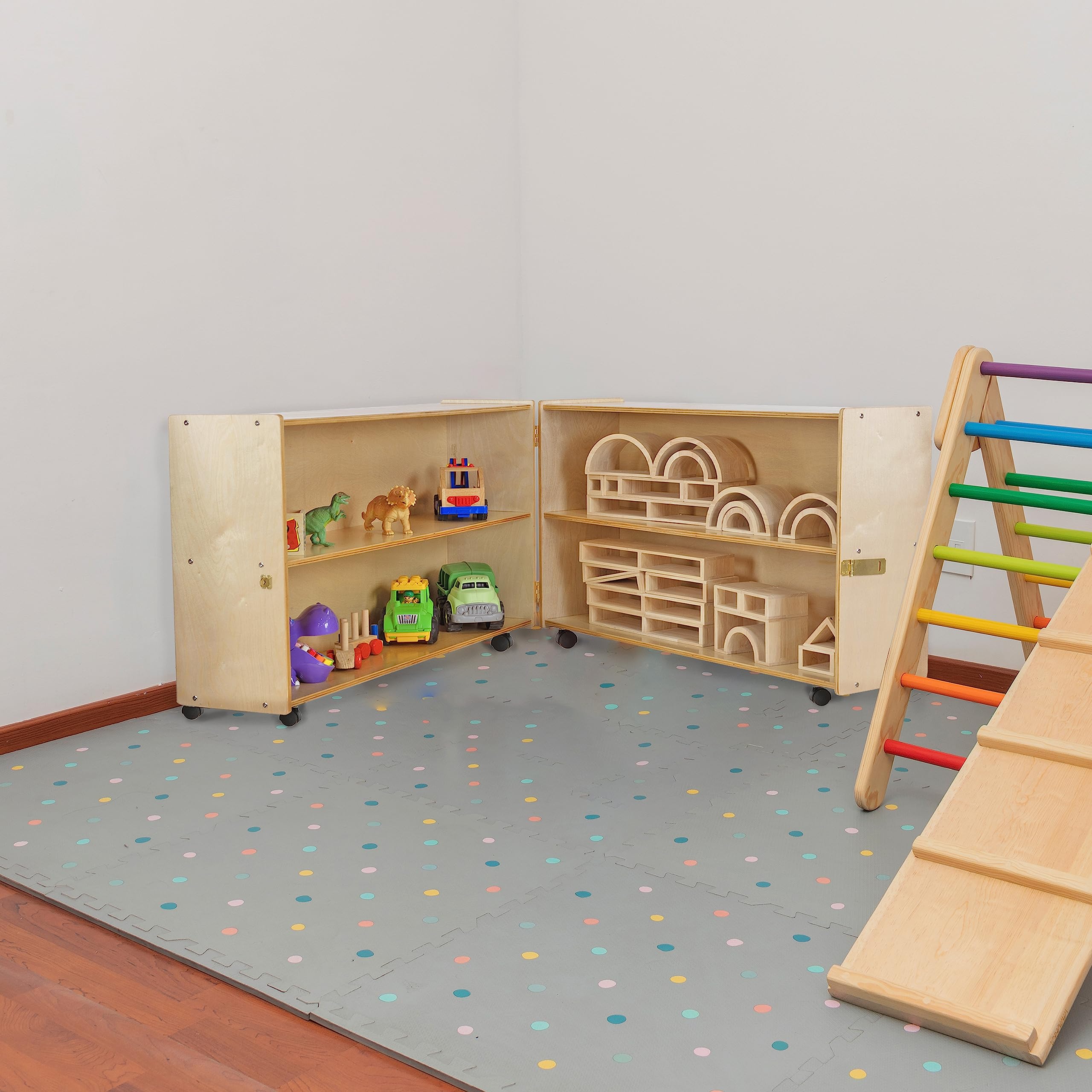 Folding Storage Cabinet with Casters 4 Compartment Birch Plywood