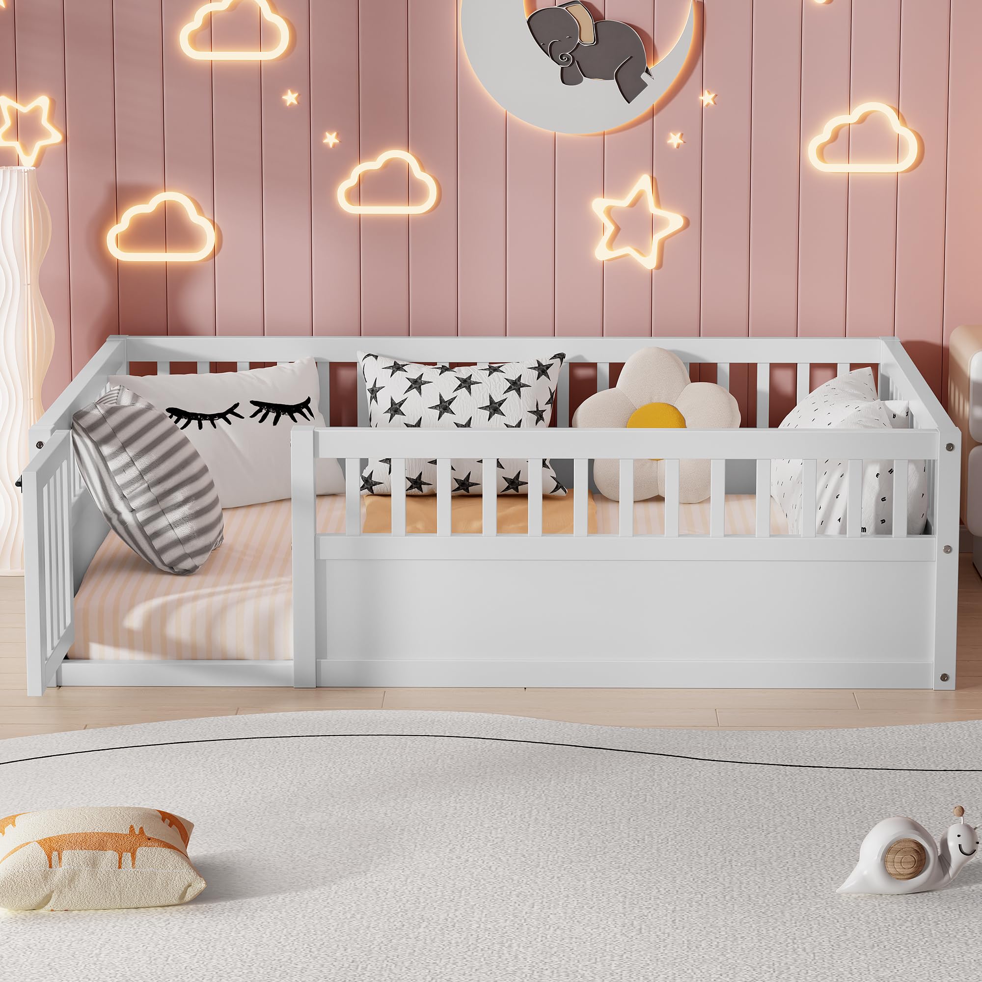 Full Size Floor Bed Frame with Fence and Door