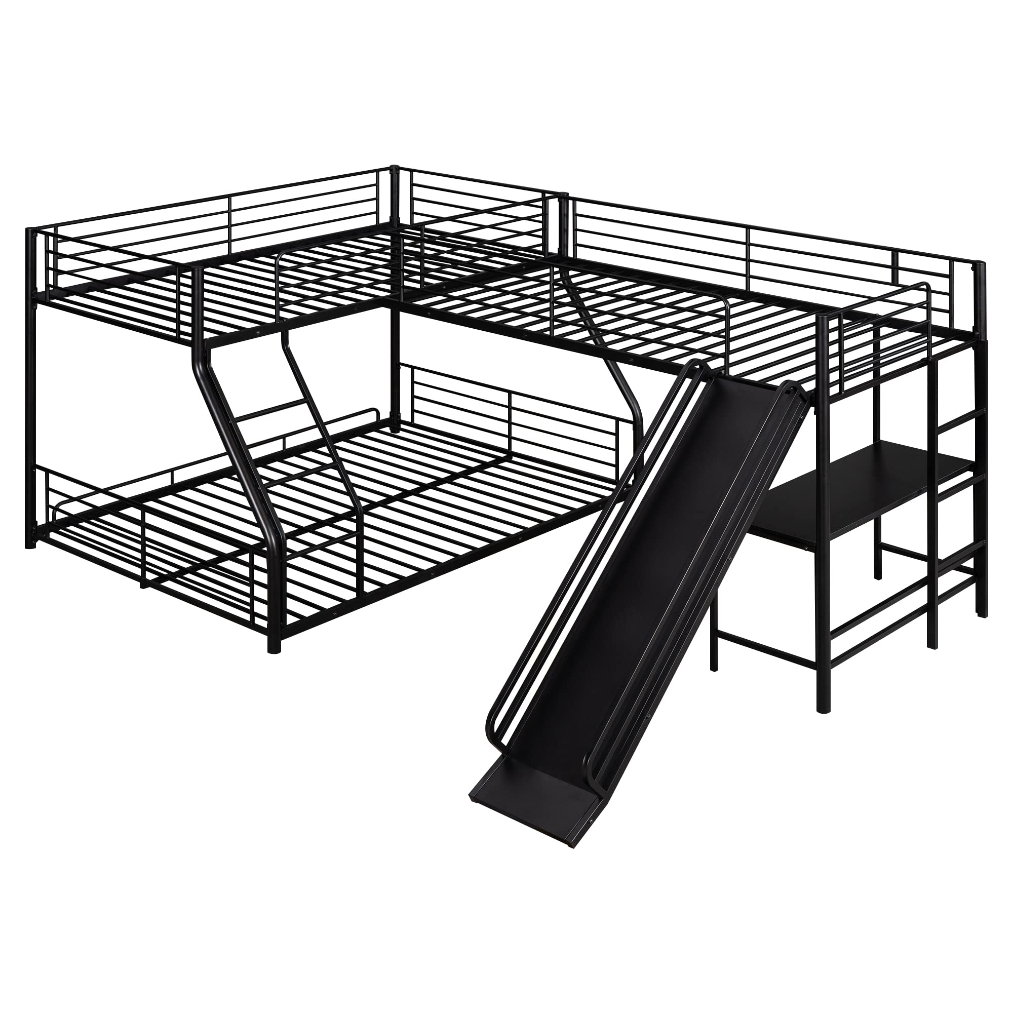L-Shaped Triple Bunk Bed with Desk and Slide - Twin Over Full with Twin Loft