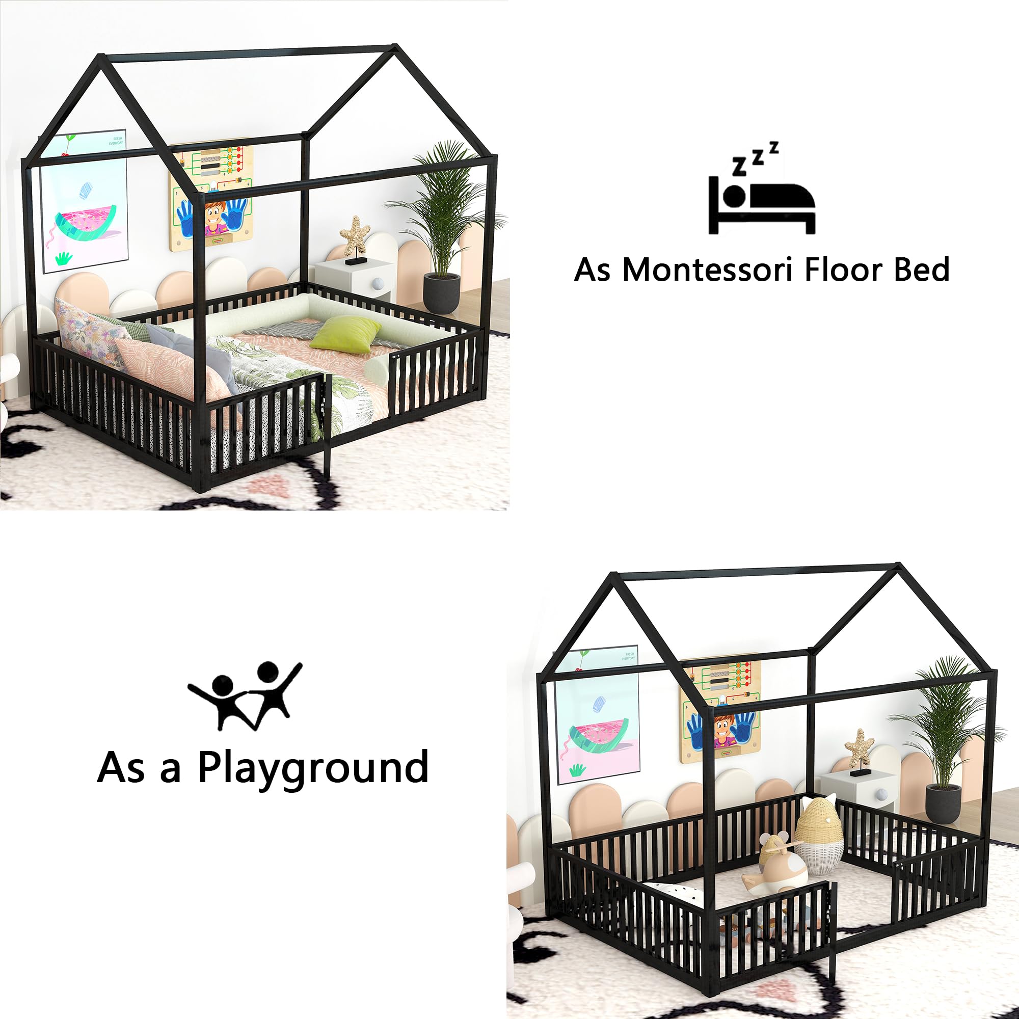Metal Montessori Floor Bed Full Size with House Frame