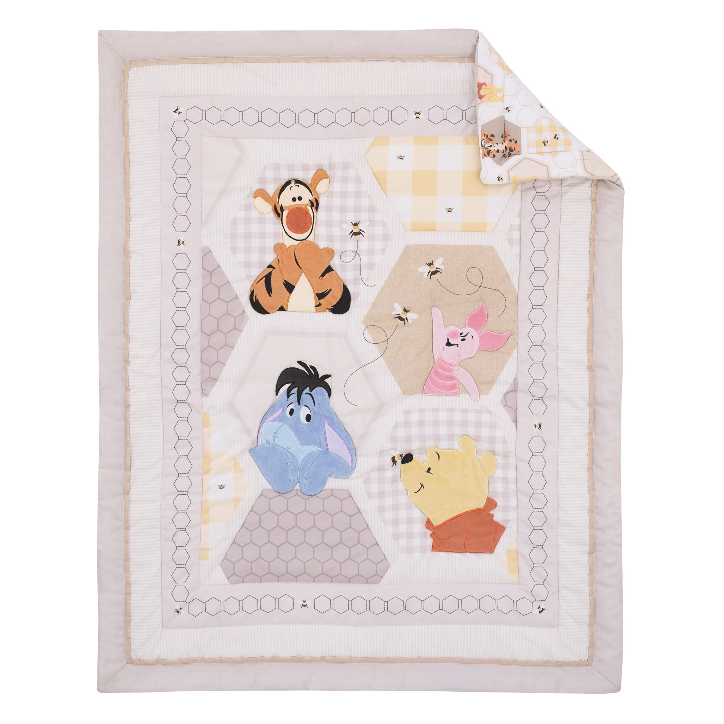 Disney Winnie The Pooh Hugs and Honeycombs Grey, White, and Tan Patchwork