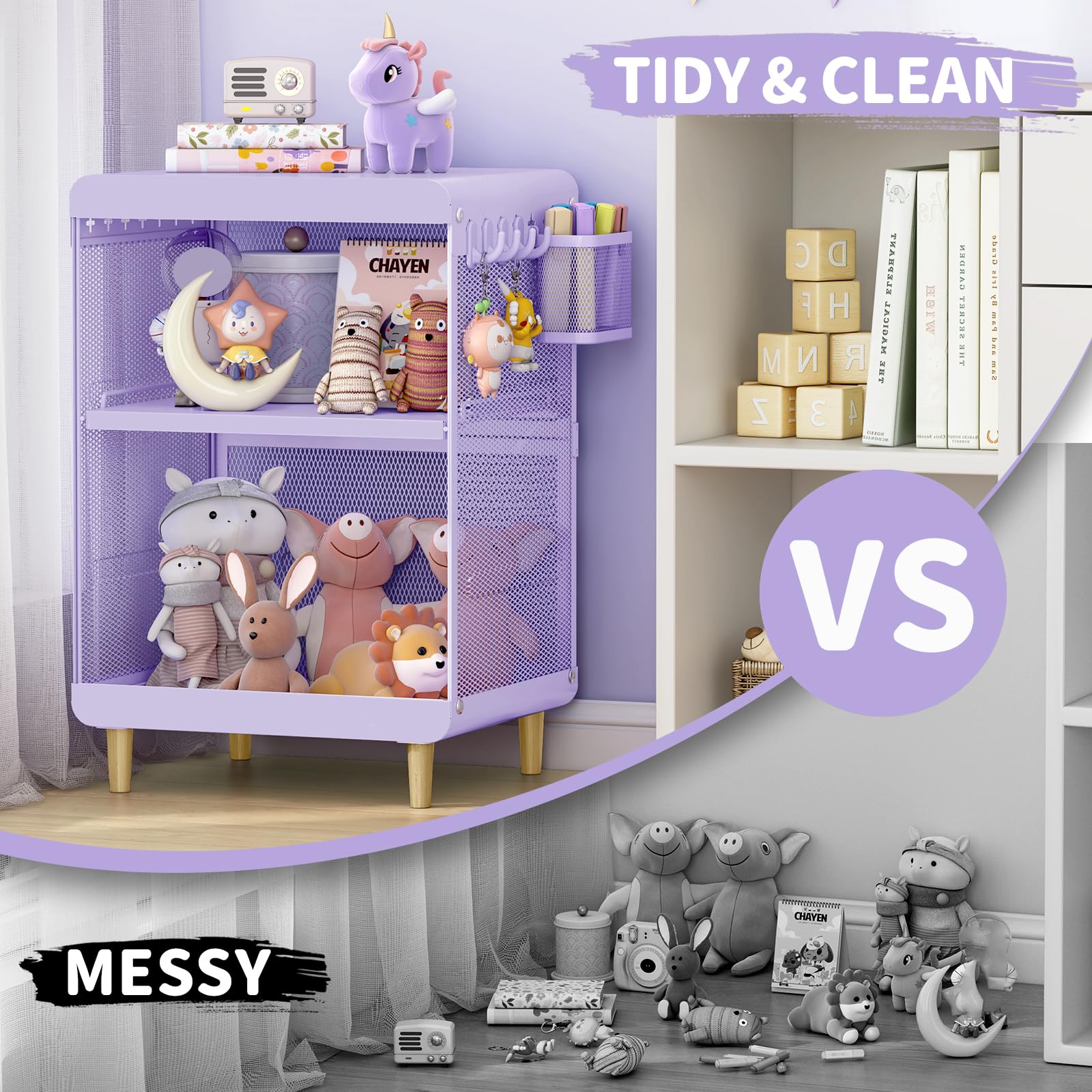Purple Kids Nightstand with Storage Shelves