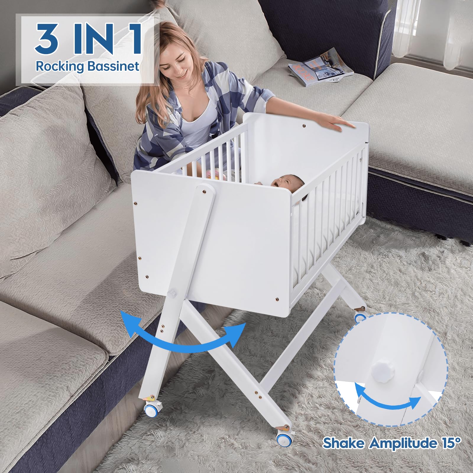 Wood Bedside Bassinet with Rocking Function