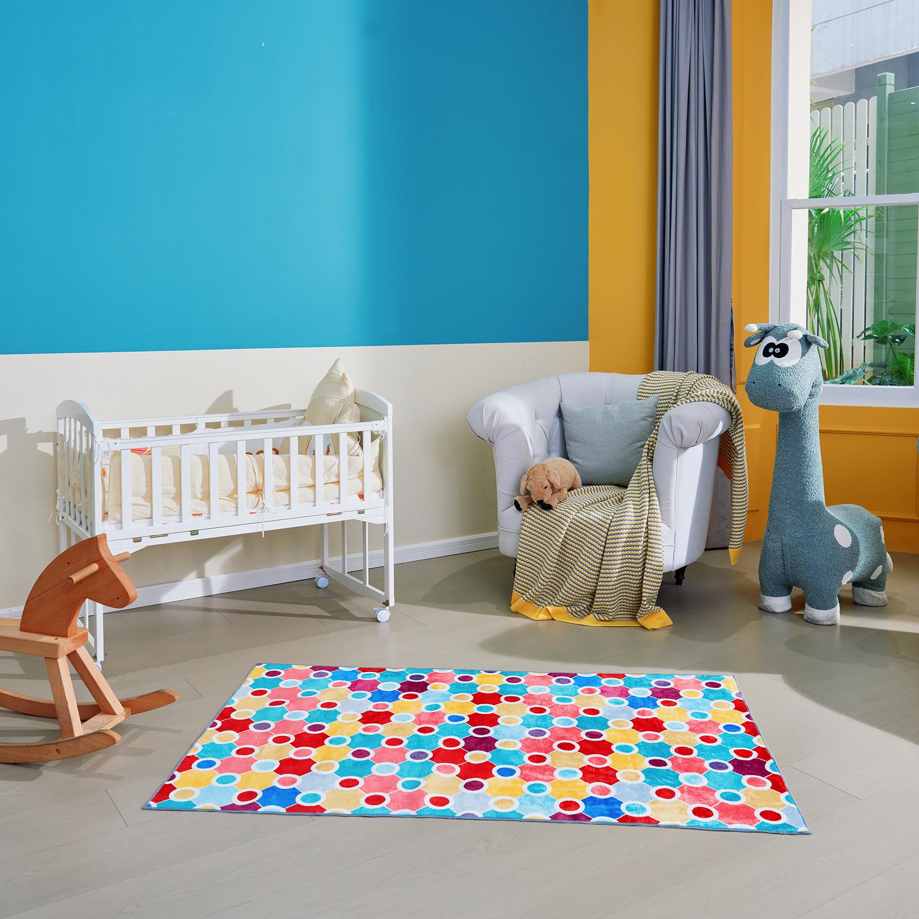 Machine Washable Rug - Polka Dot Rug for Kids Area - Colorful Soft Rug