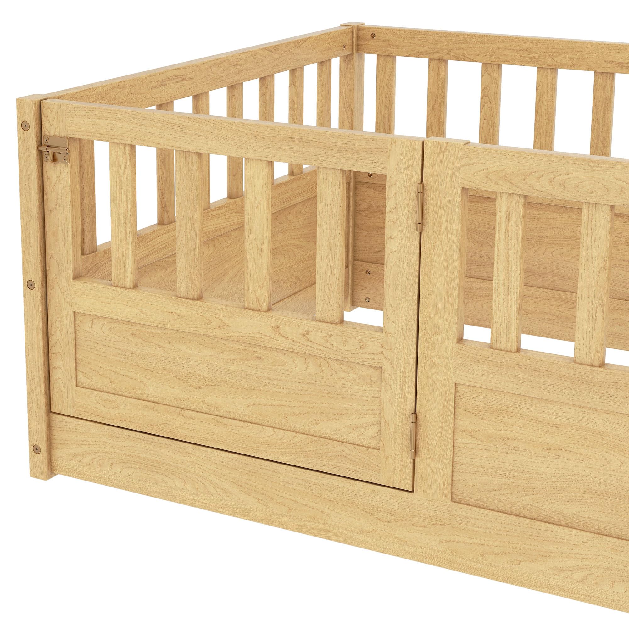 Twin Montessori Floor Bed with High Fence and Door