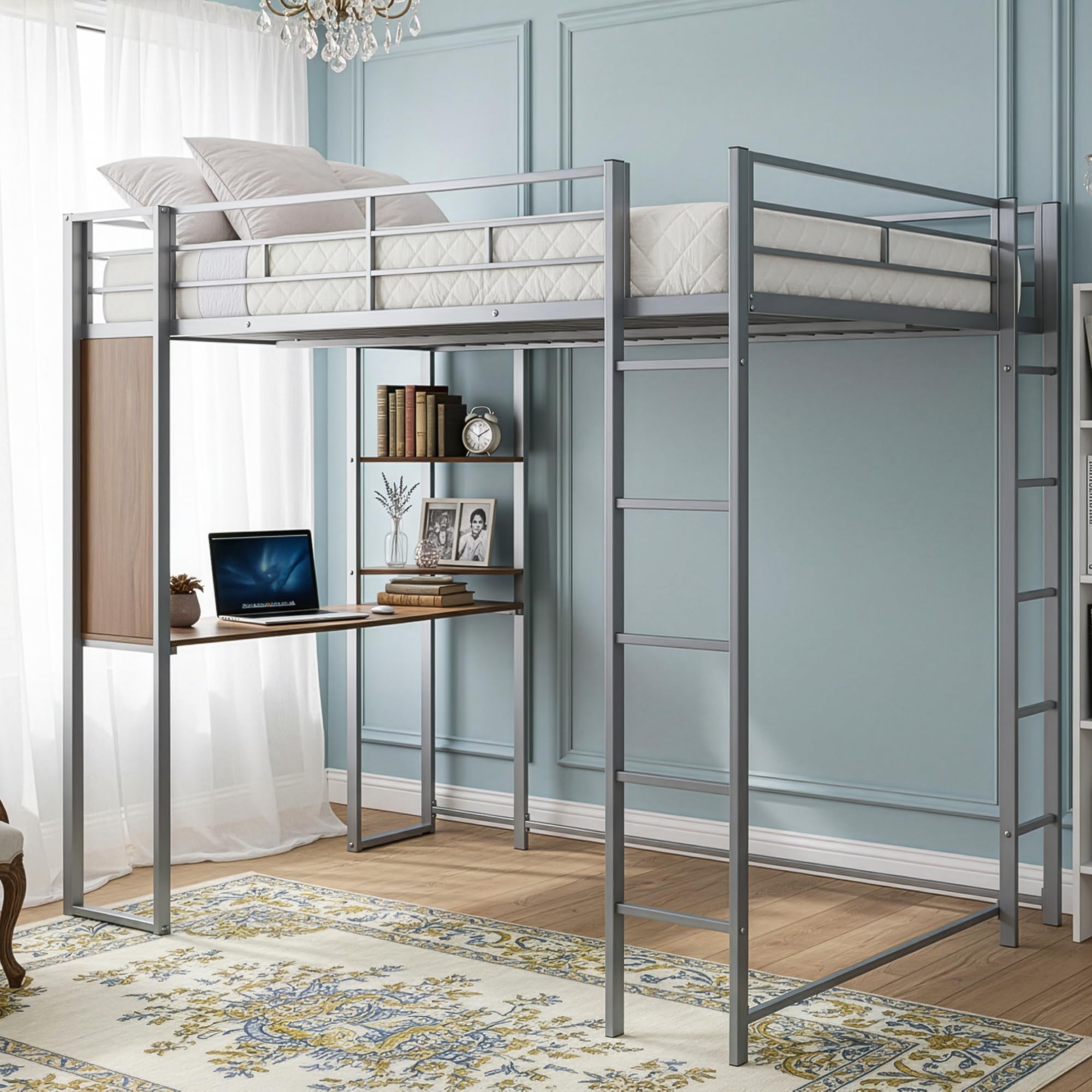 Metal Full Loft Bed with Desk and Shelves