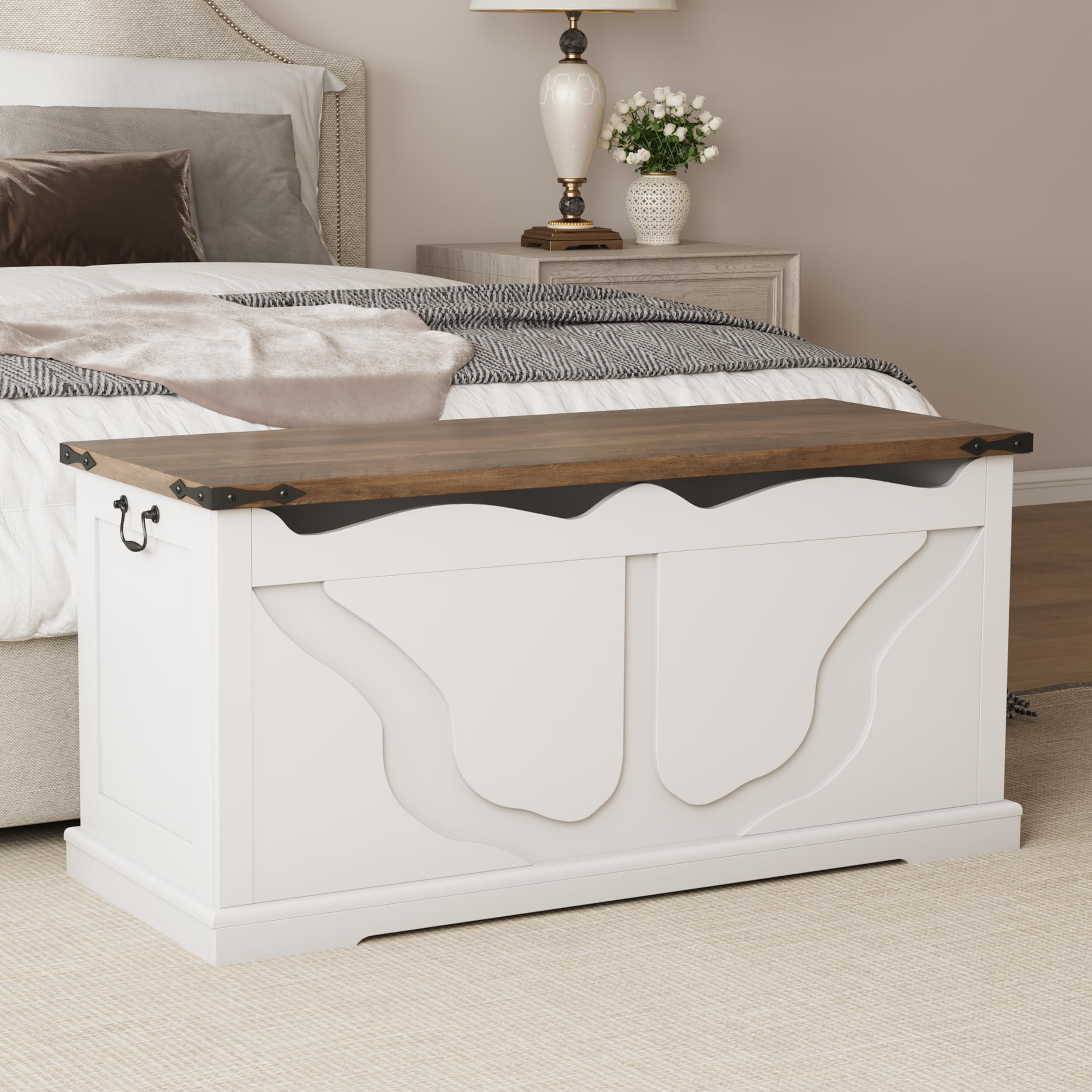 Storage Bench with Safety Hinges White Farmhouse Entryway Organizer
