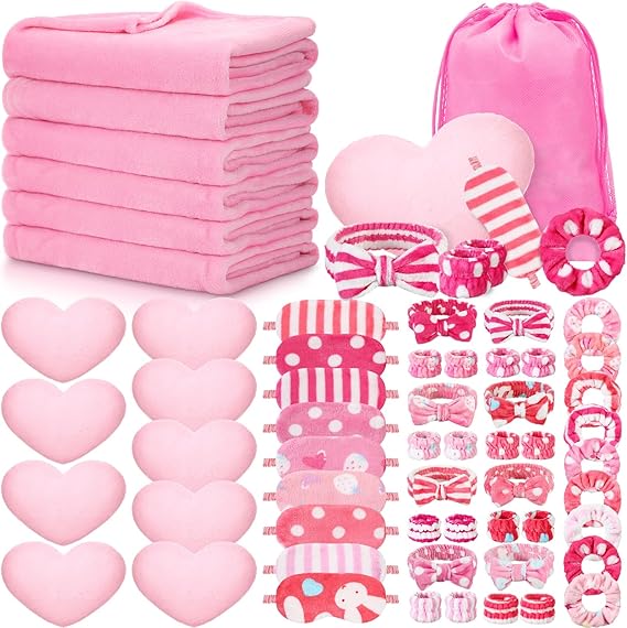63 Pcs Spa Sleepover Party Supply Set 9 Fleece Blankets 9 Fluffy Heart