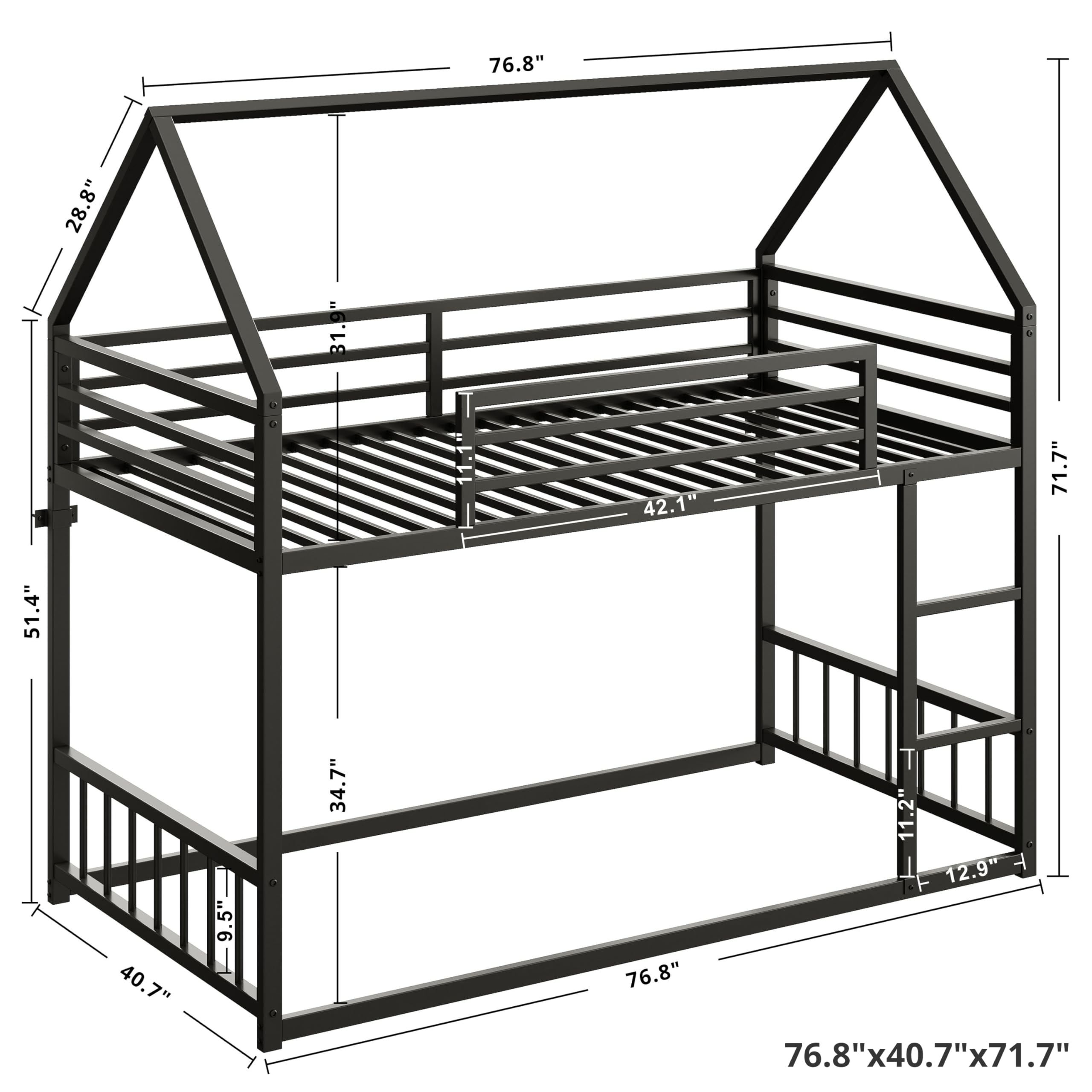 Twin Over Twin House Bunk Bed with Ladder and Guardrail