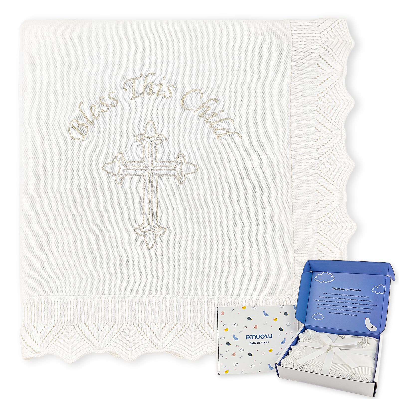 Baby Baptism Blanket – White Cotton Knit Christening Shawl