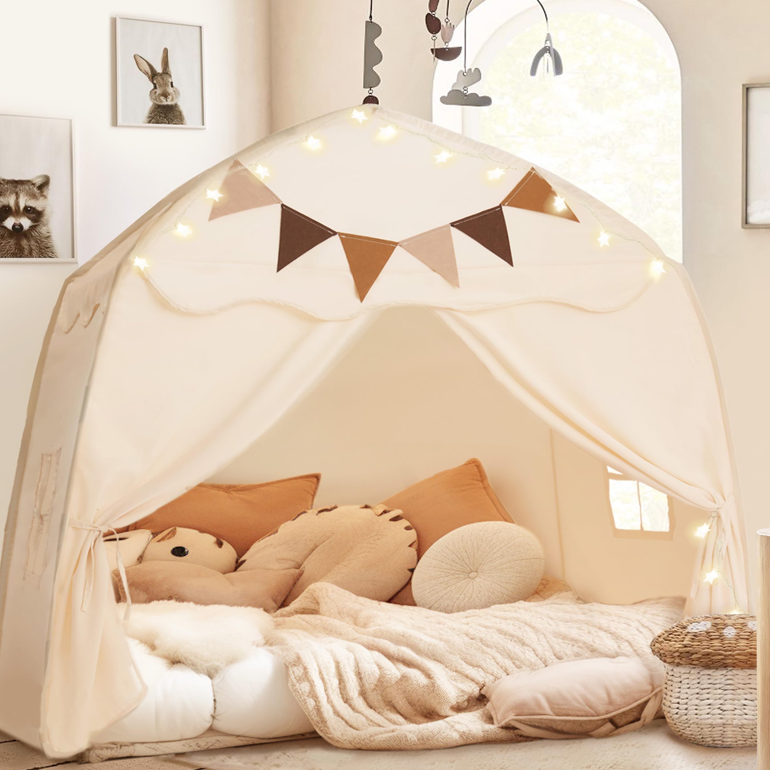 Extra Large Kids Play Tent with Flags & Star Lights, Portable & Foldable Teepee