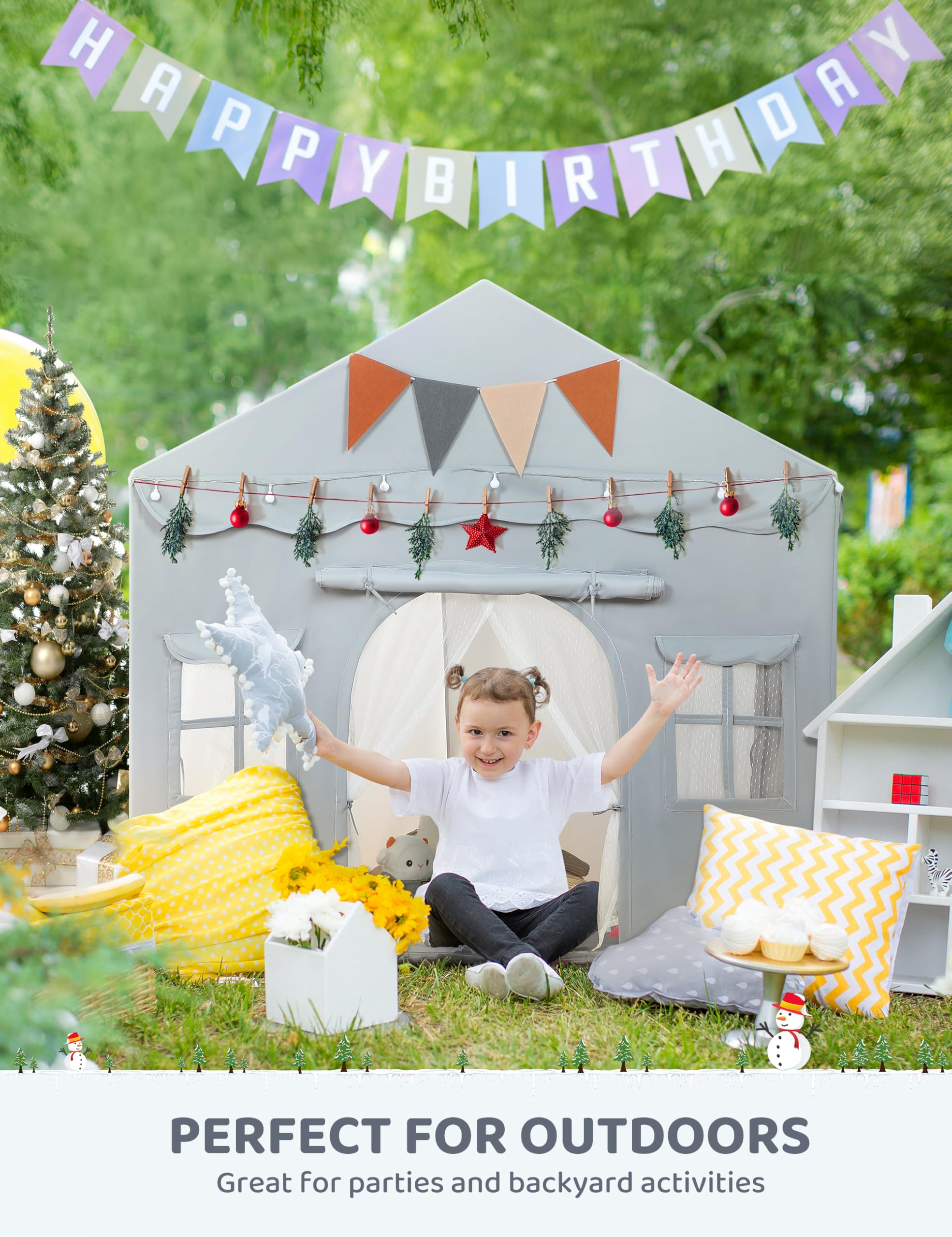 besrey Kids Tent, Kids Play Tent 2 in 1 with Padded Mat and Lights, Large Playhouse with 2 Doors & 4 Windows, Indoor & Outdoor, Halloween Toddler Playhouse, 51" x35" x 51" (Gray)