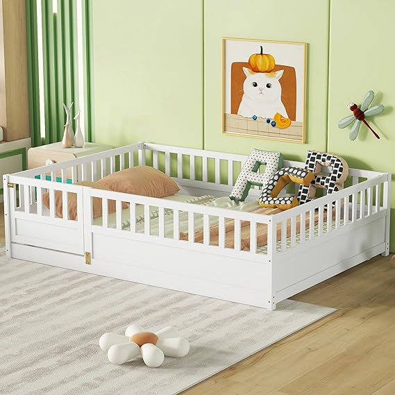 Twin Size Floor Bed with High Fence and Door