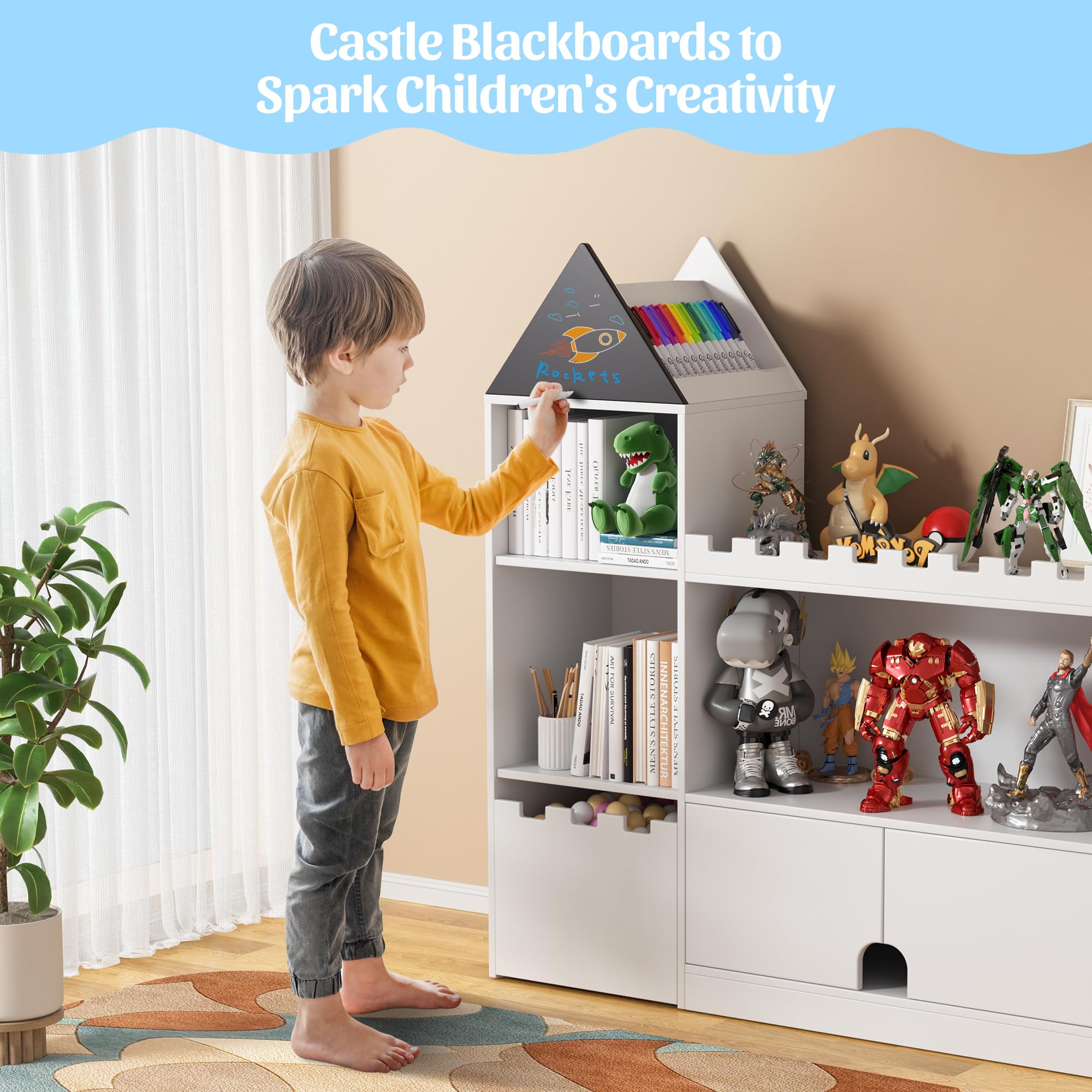 Castle Bookshelf Toy Storage Organizer with 6 Cubbies and Drawers