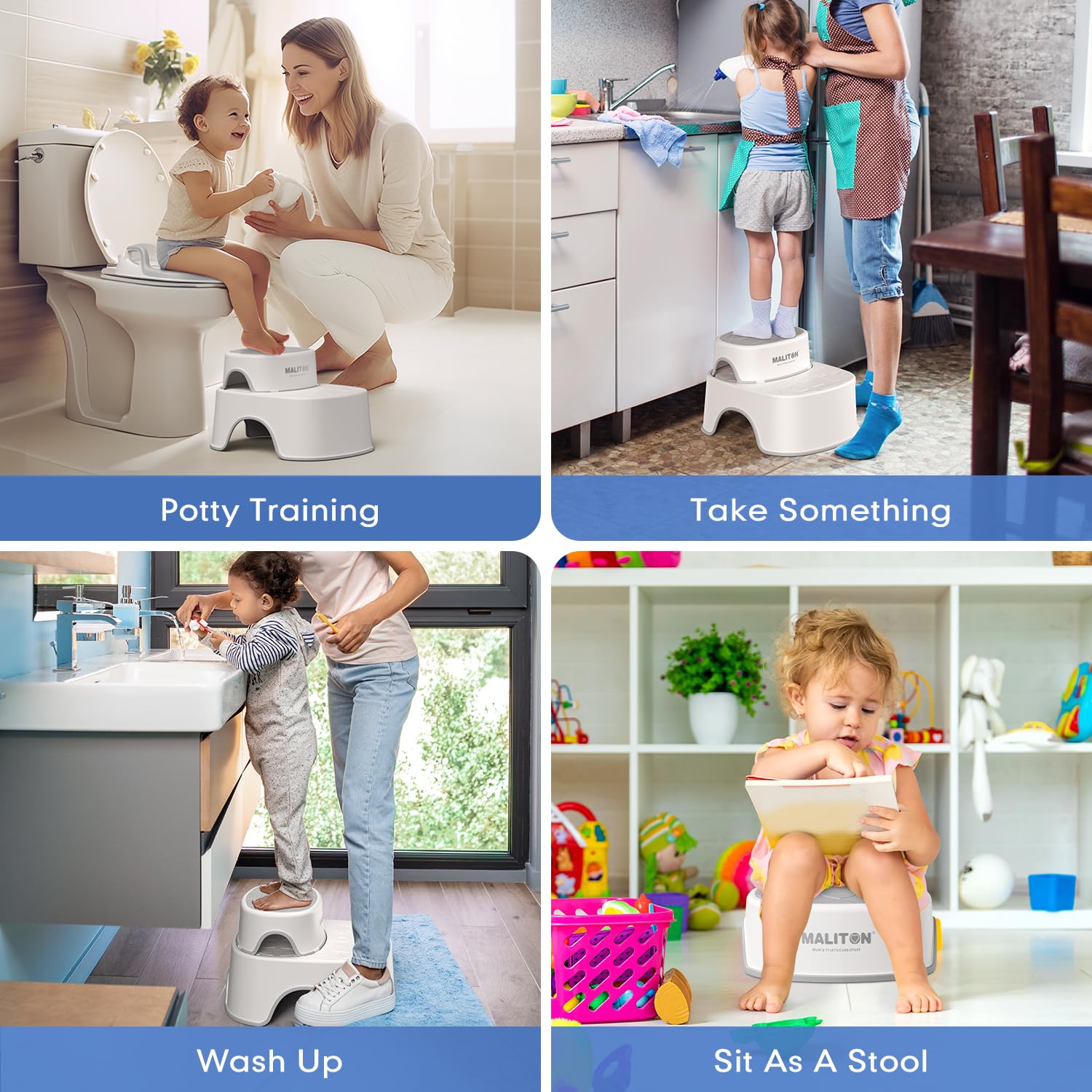 Maliton Baby Potty Training Seat with Step Stool, Toddler Toilet Seat for Boys Girls, Anti-Slip Toddler Stool for Bathroom, Kitchen, Toilet Potty Training Set(One Potty Seat+Two Step Stool for Kids)