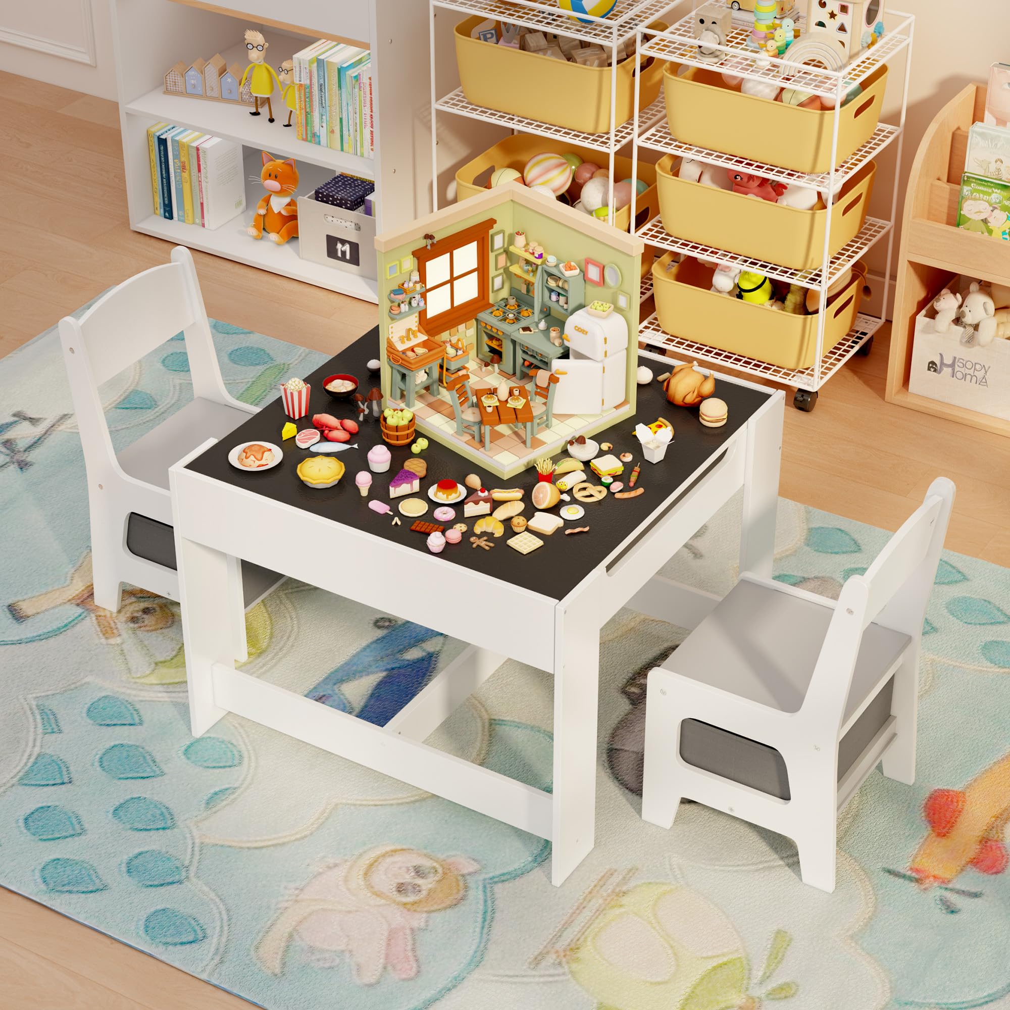 Kids Table and Chairs with Storage 3 in 1 Toddler Craft Table and Chair Set Sensory