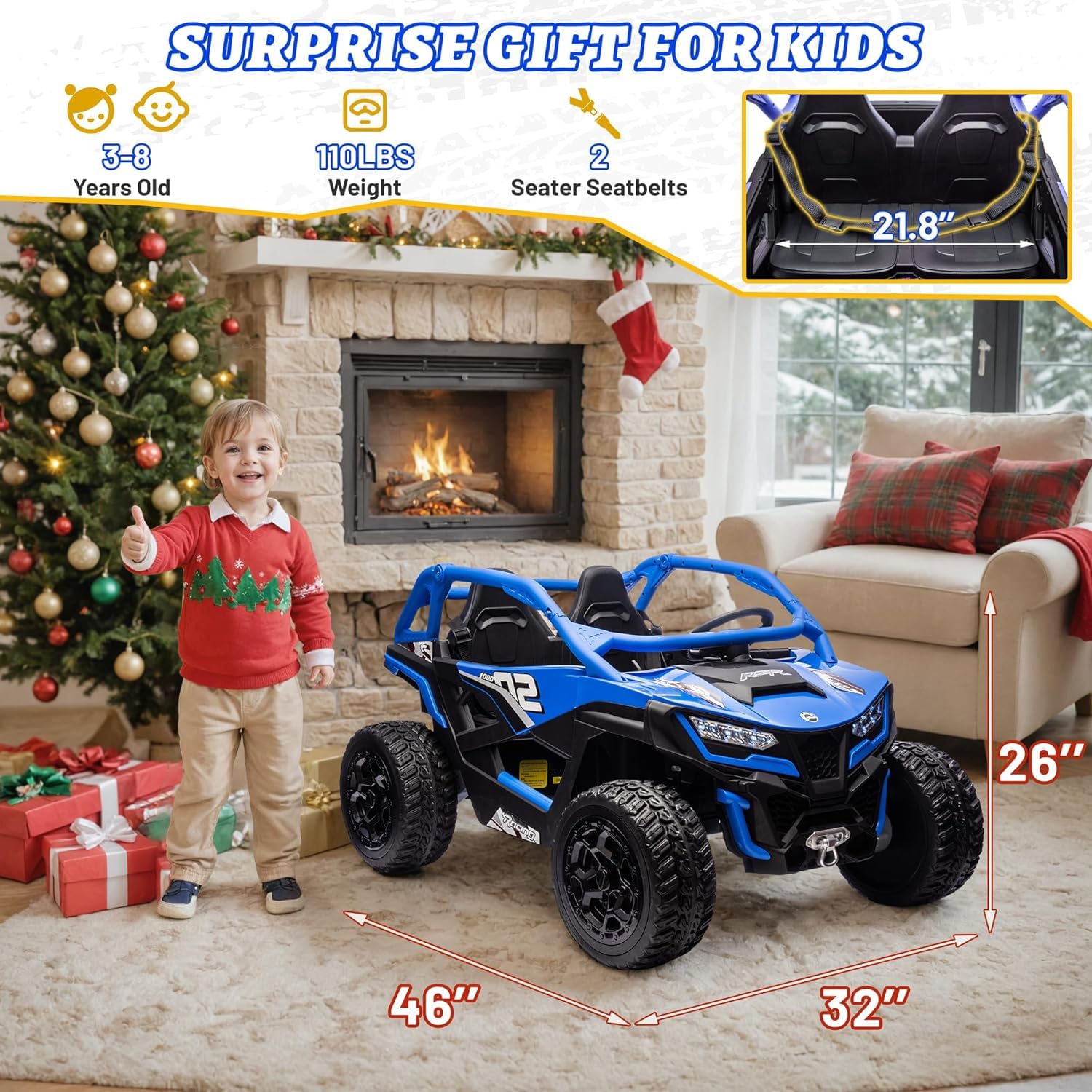 wanan XL 24V Ride on Toys for Big Kids 10AH Real Spacious 2-Seater, 4 x75W Motor 5MPH Ride on Car Kid UTV for Kids 3-8, EVA Tire, Remote Control, Bluetooth Music, 4 Spring Suspension (Blue)
