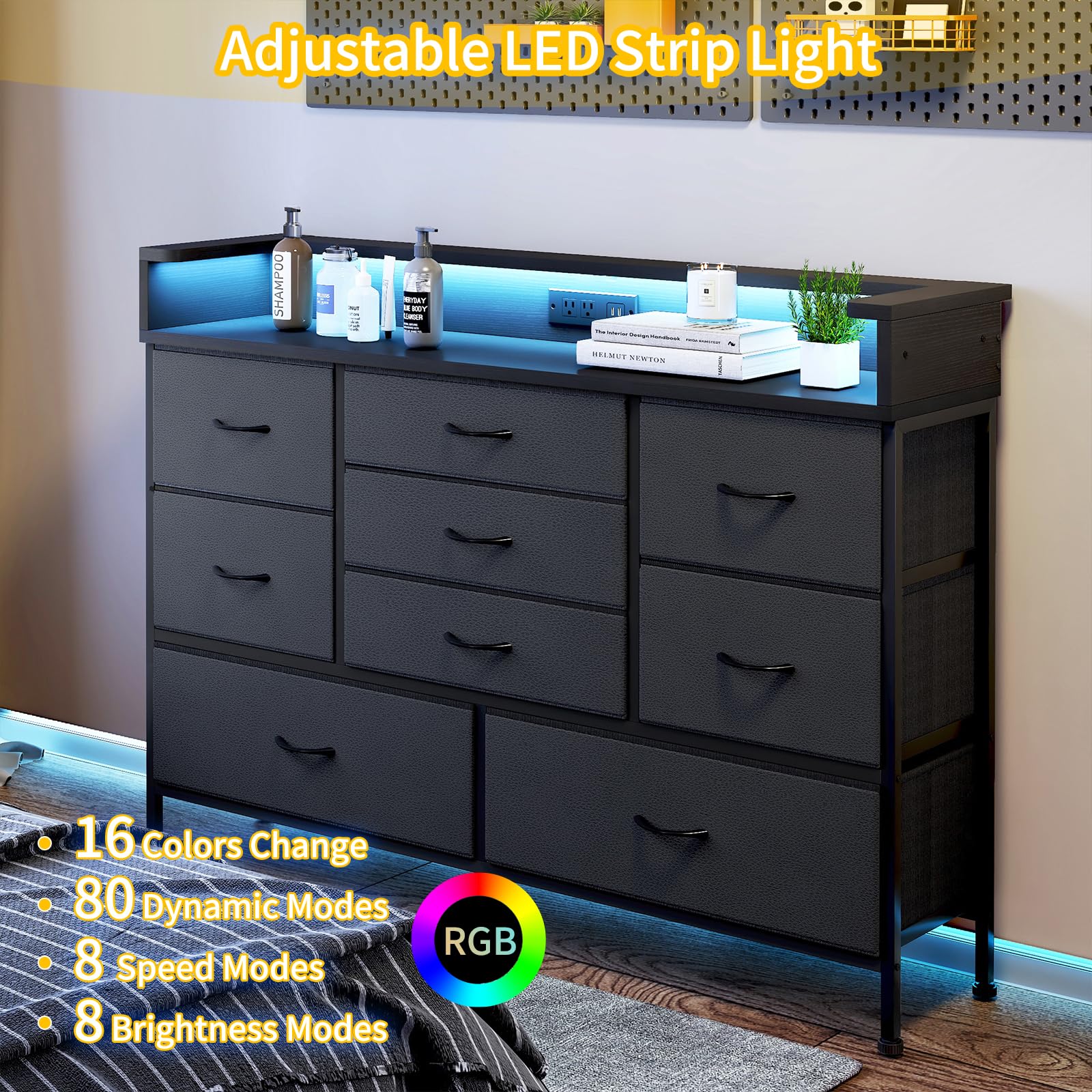 Black Dresser with Charging Station and LED Lights