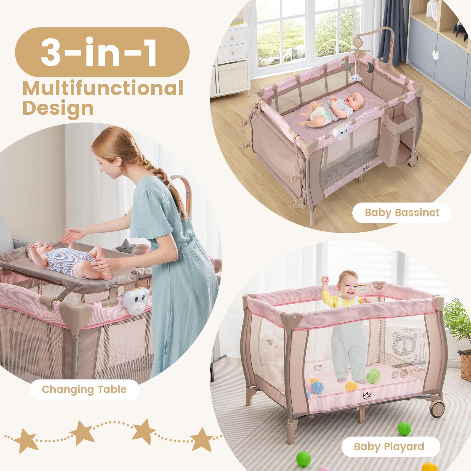 3-in-1 Convertible Baby Playard with Bassinet and Changing Table