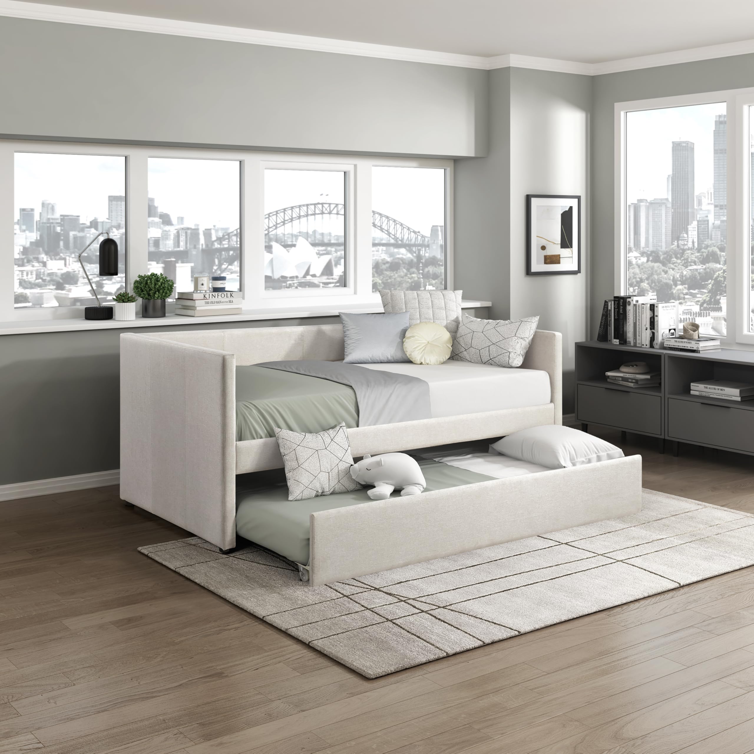 Upholstered Daybed with Trundle, Textured Fabric