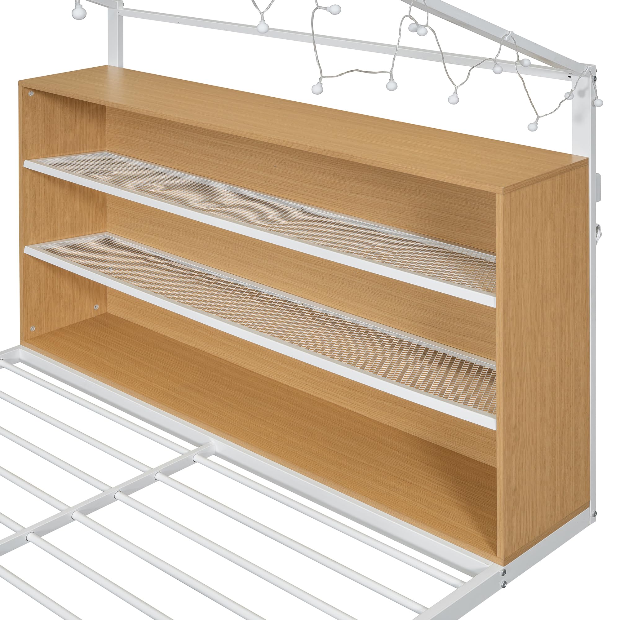 Montessori Floor Bed with Storage Shelf and LED Lights