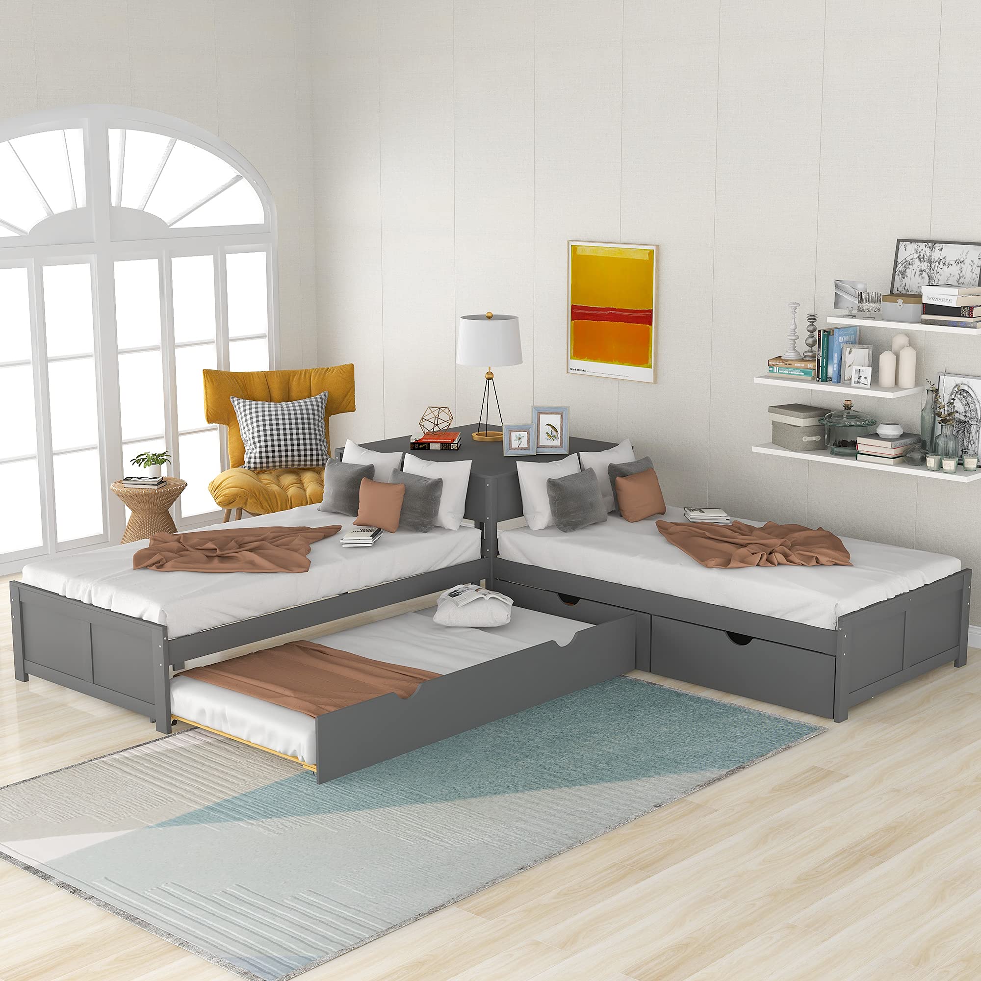 L-Shaped Platform Bed with Trundle and Built-in Desk