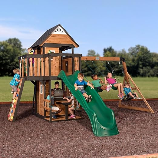 Canyon Creek White Cedar Wood Swing Set with Wave Slide